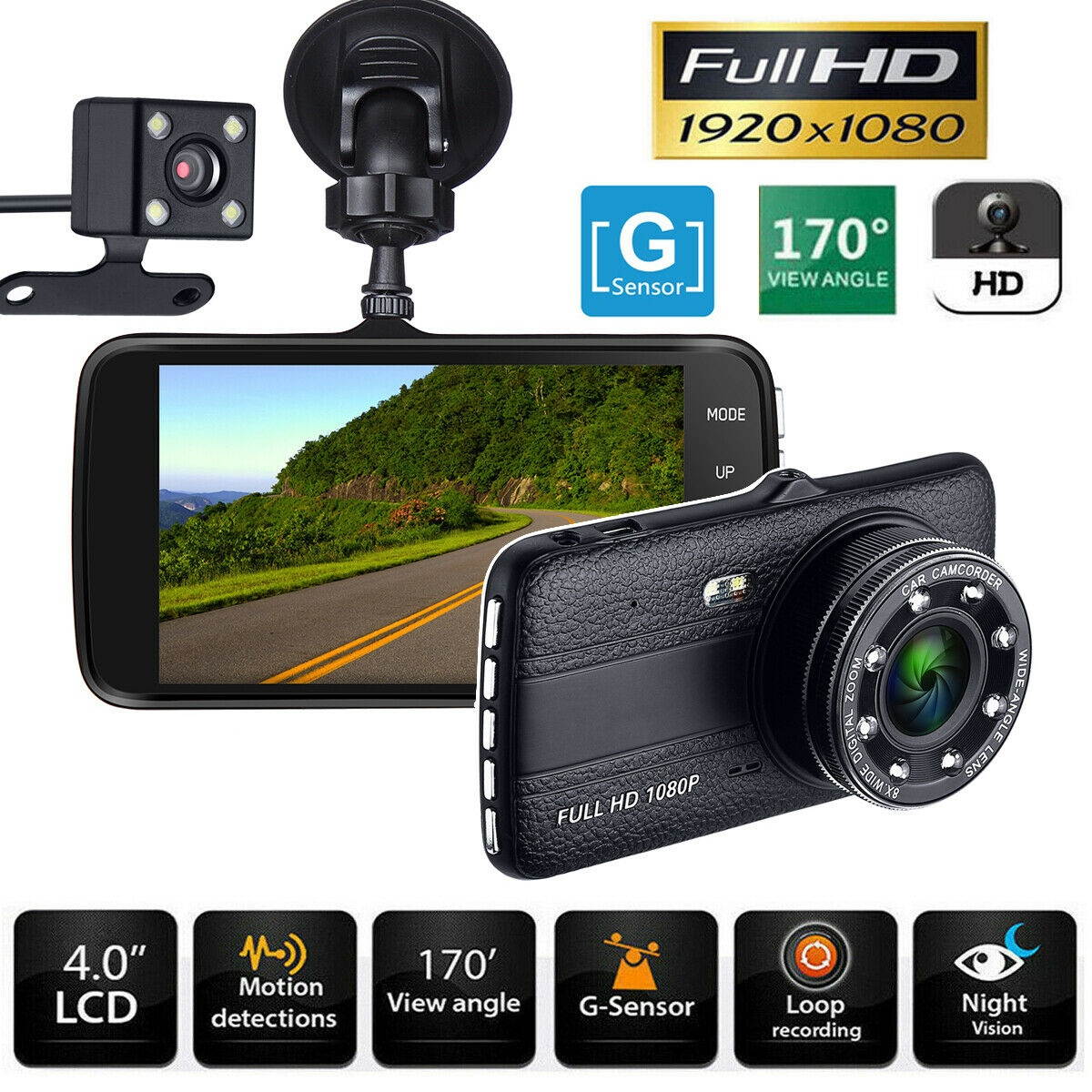 4" HD 1080P Dual Lens Car Dashboard DVR Video Recorder Dash Cam+ Rearview camera