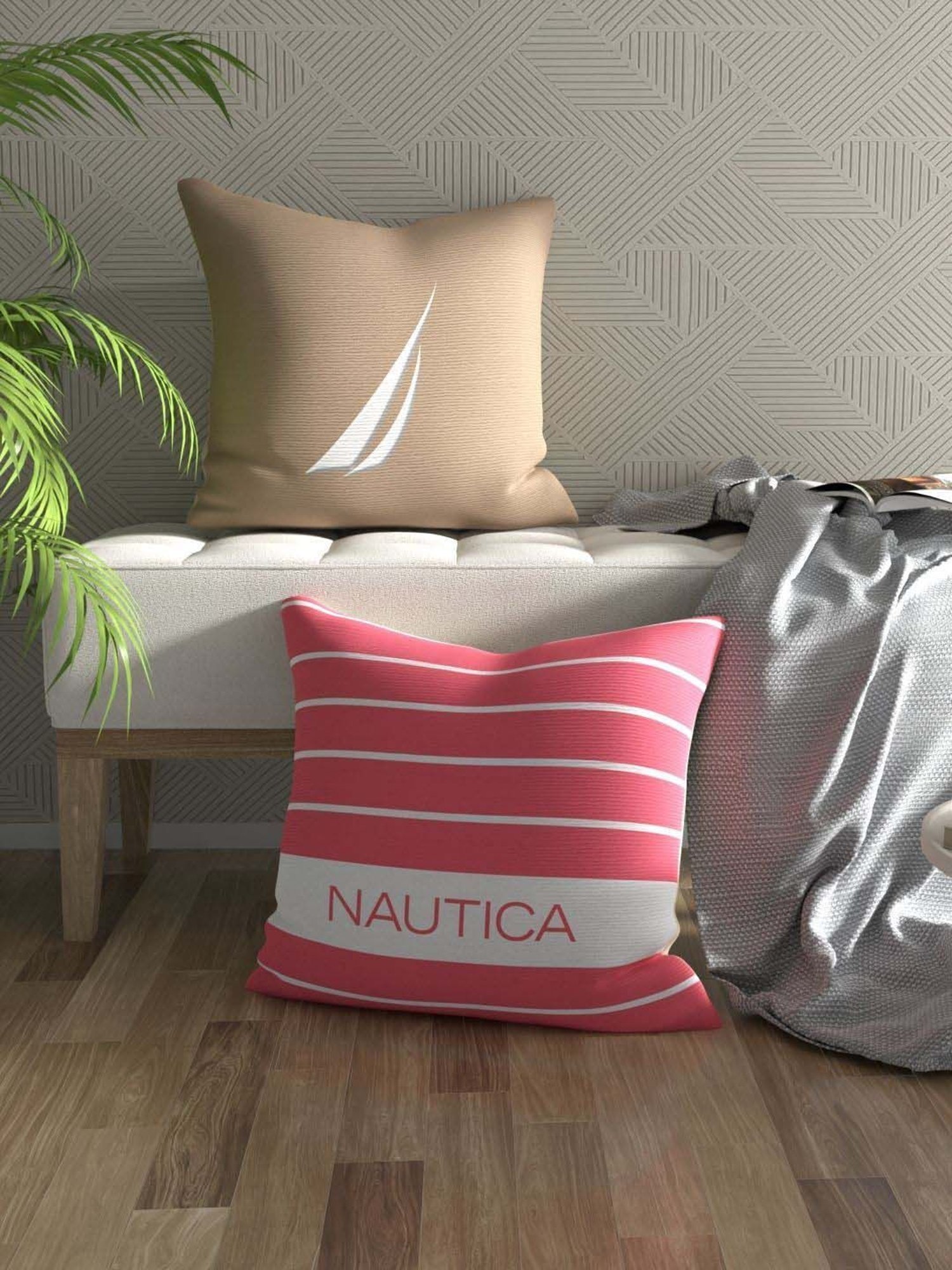 Nautica Logo Stripe Beige & Coral Microfibre 300 GSM Premium Cushion Covers - Set of 2