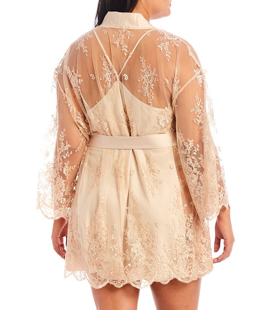 Rya Plus Allover Lace Short Wrap Banded Collar 3/4 Sleeve Robe