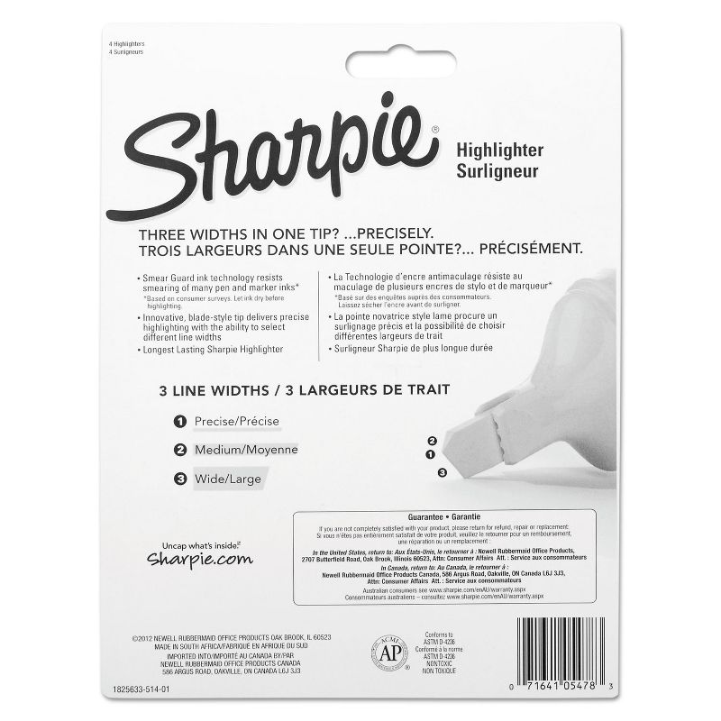 Sharpie Blade Tip Highlighter Assorted 4/Pack 1825633