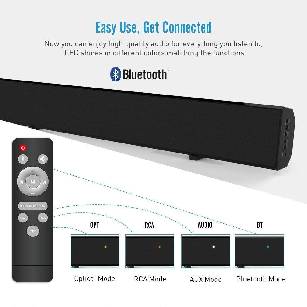 Meidong KY2018 Bluetooth Soundbar Wired and Wireless Bluetooth Surround Sound for TV Sounds Bar Includes Optical Cable, RCA Cable and Remote Control (30 in, Black)