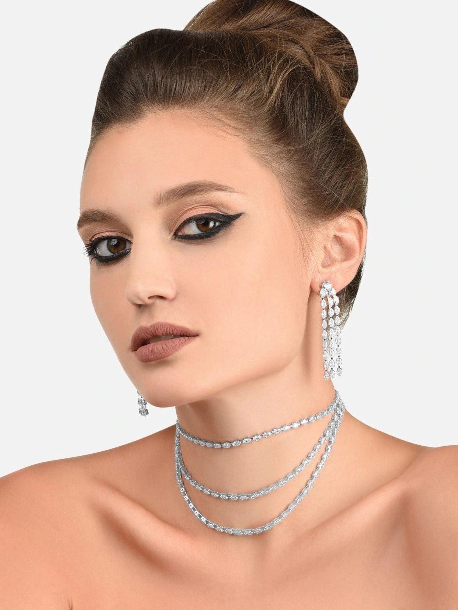 Zaveri Pearls Silver Tone Marquise Cubic Zirconia Layered Necklace, Earring & Bracelet Set