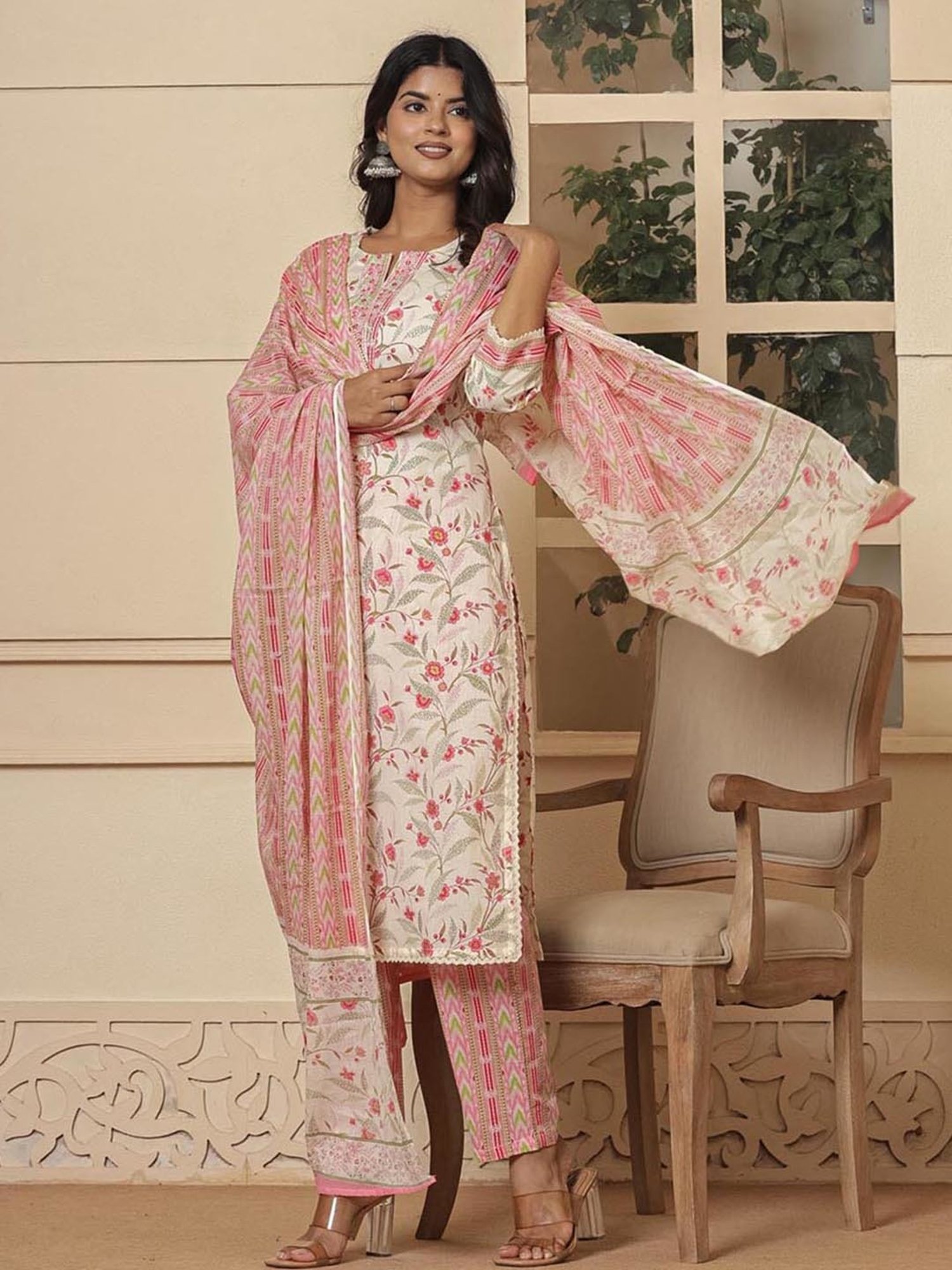 Yufta Off White & Pink Cotton Embroidered Kurta & Pant Set with Dupatta