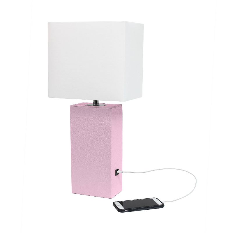 Modern Leather Table Lamp with USB and Fabric Shade Blush Pink - Elegant Designs