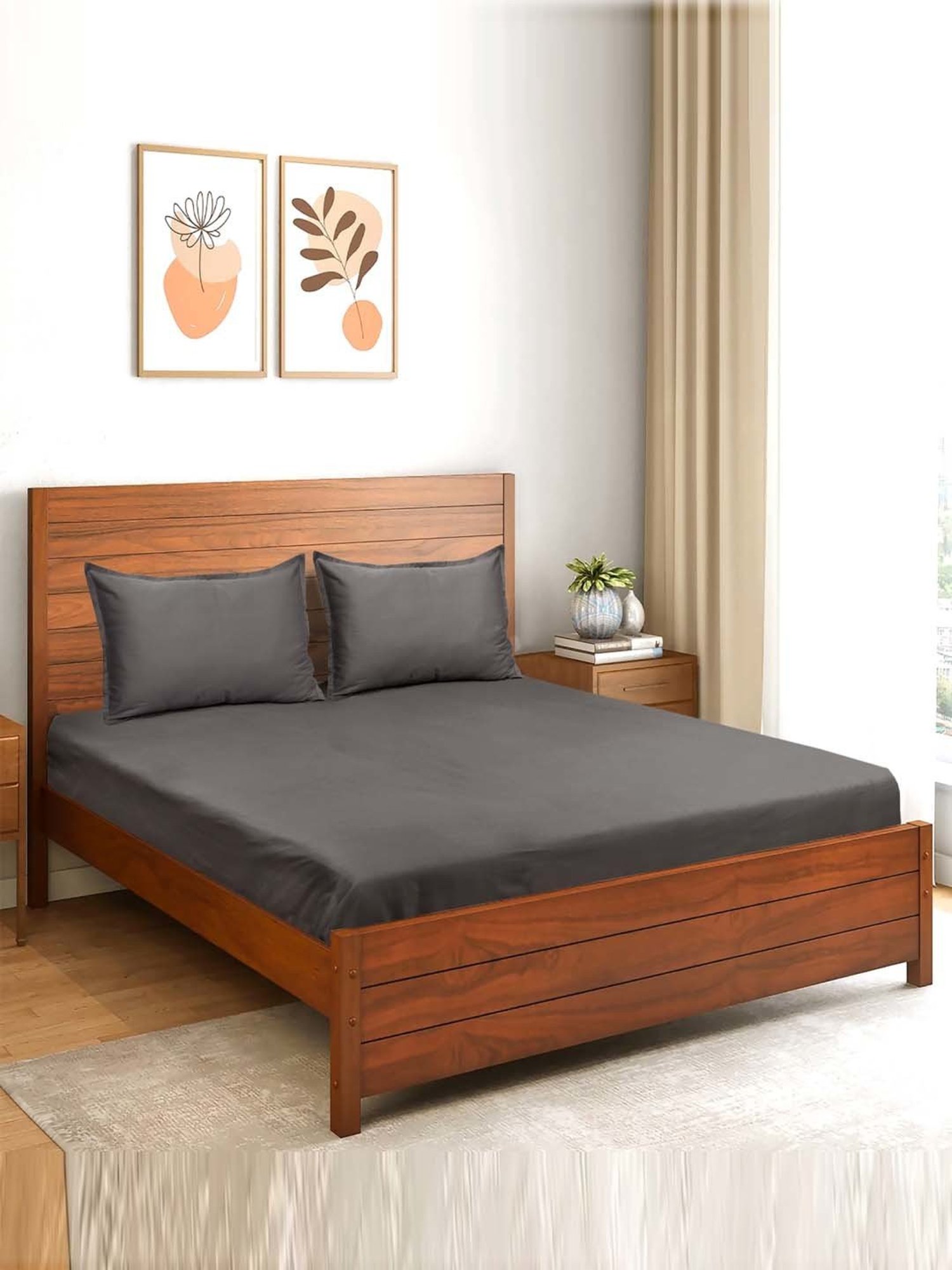 Saral Home Sheen Shine Dark Grey 300 TC Cotton Queen Bedsheet with 2 Pillow Covers