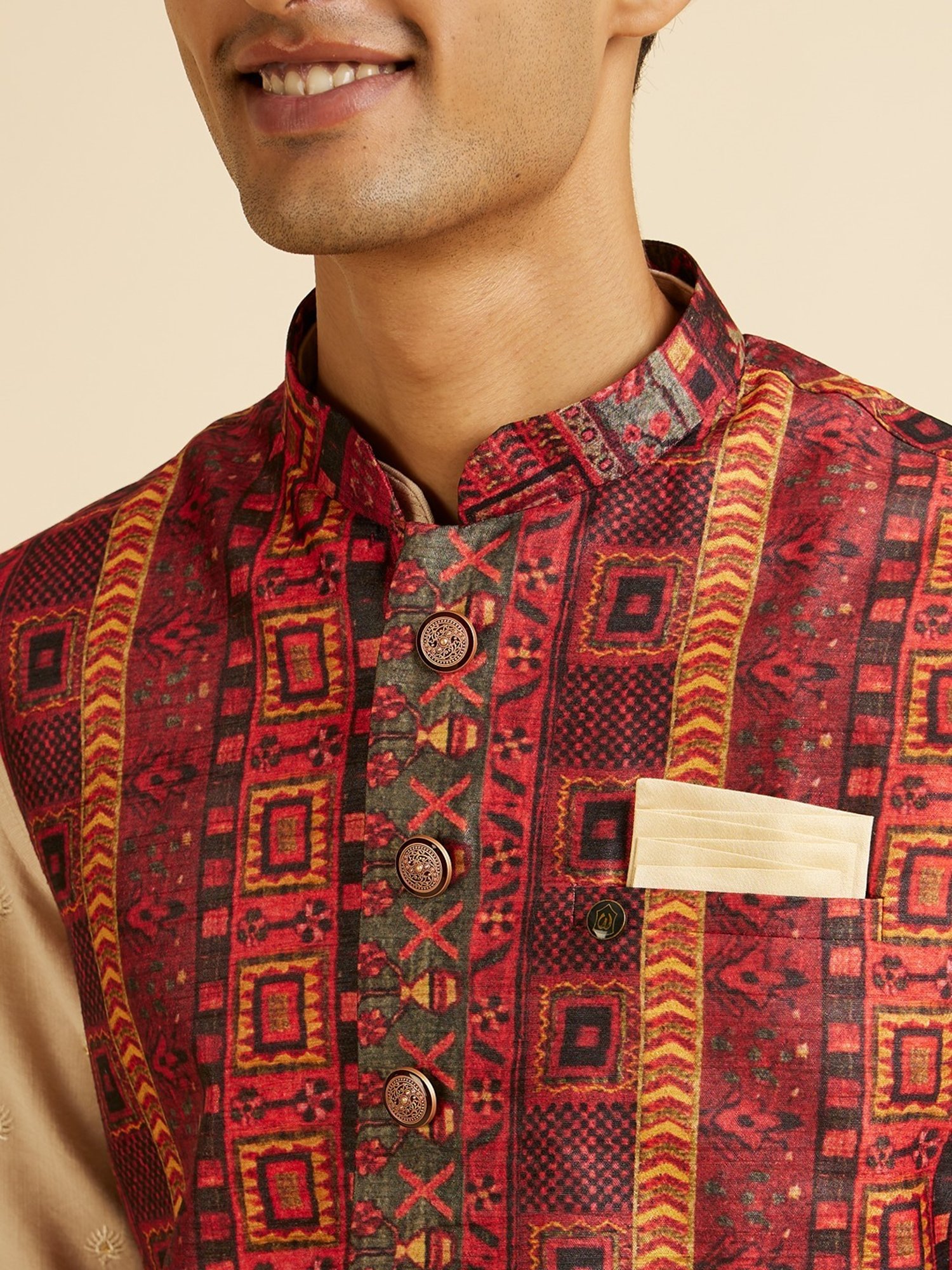 Manyavar Brown Regular Fit Printed Nehru Jacket