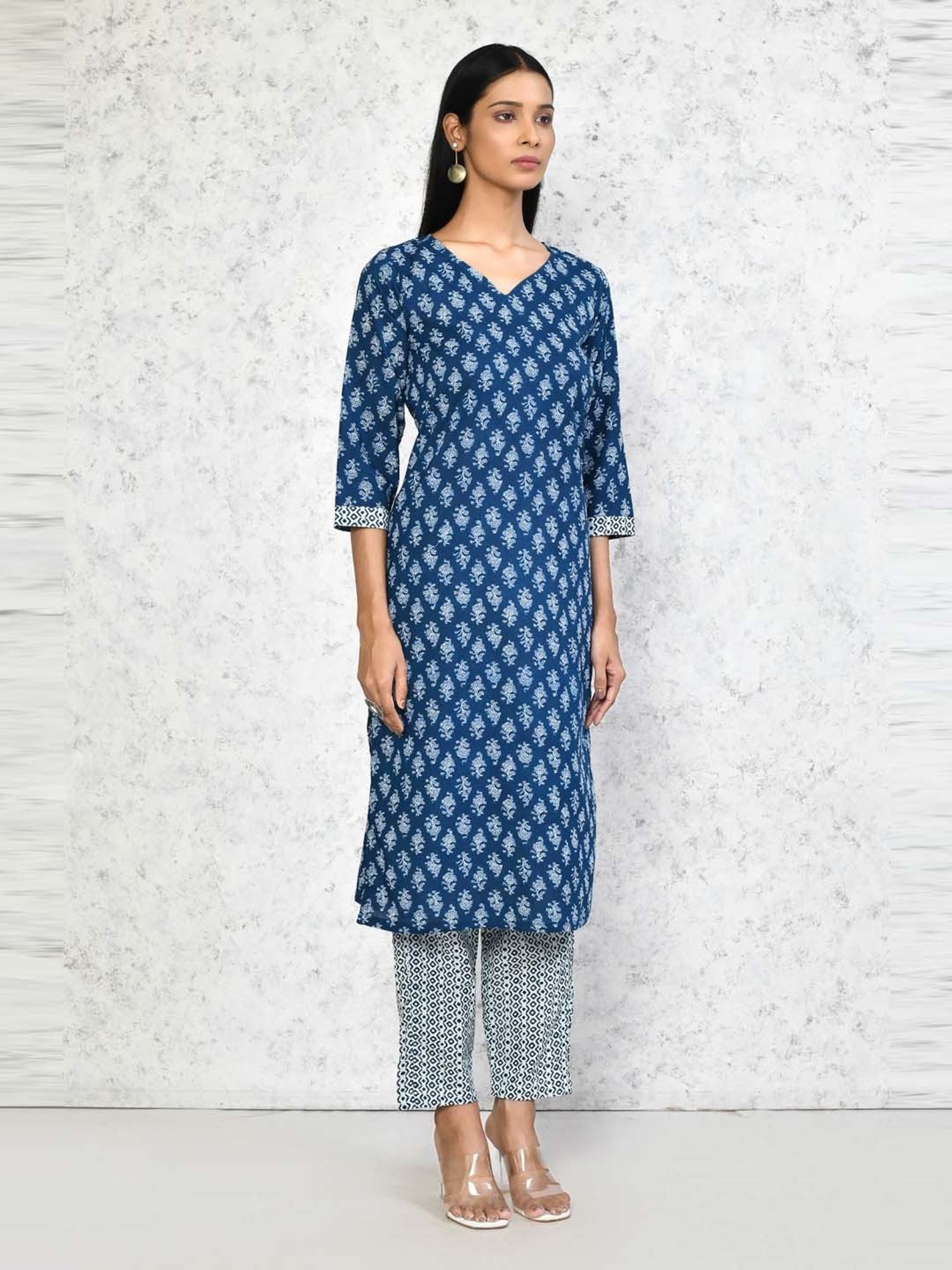 Miravan Blue Cotton Printed Kurta Pant Set
