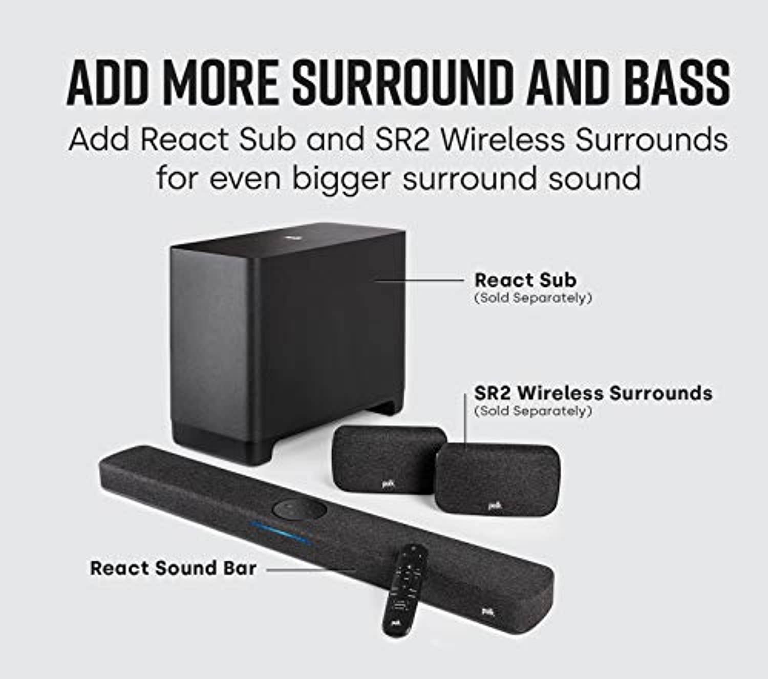 Polk Audio React Sound Bar, Dolby  and  DTS Virtual Surround Sound, Next Gen Alexa Voice Engine with Calling and Messaging Built-in - A Certified for Humans Device (300045-01-00-101)