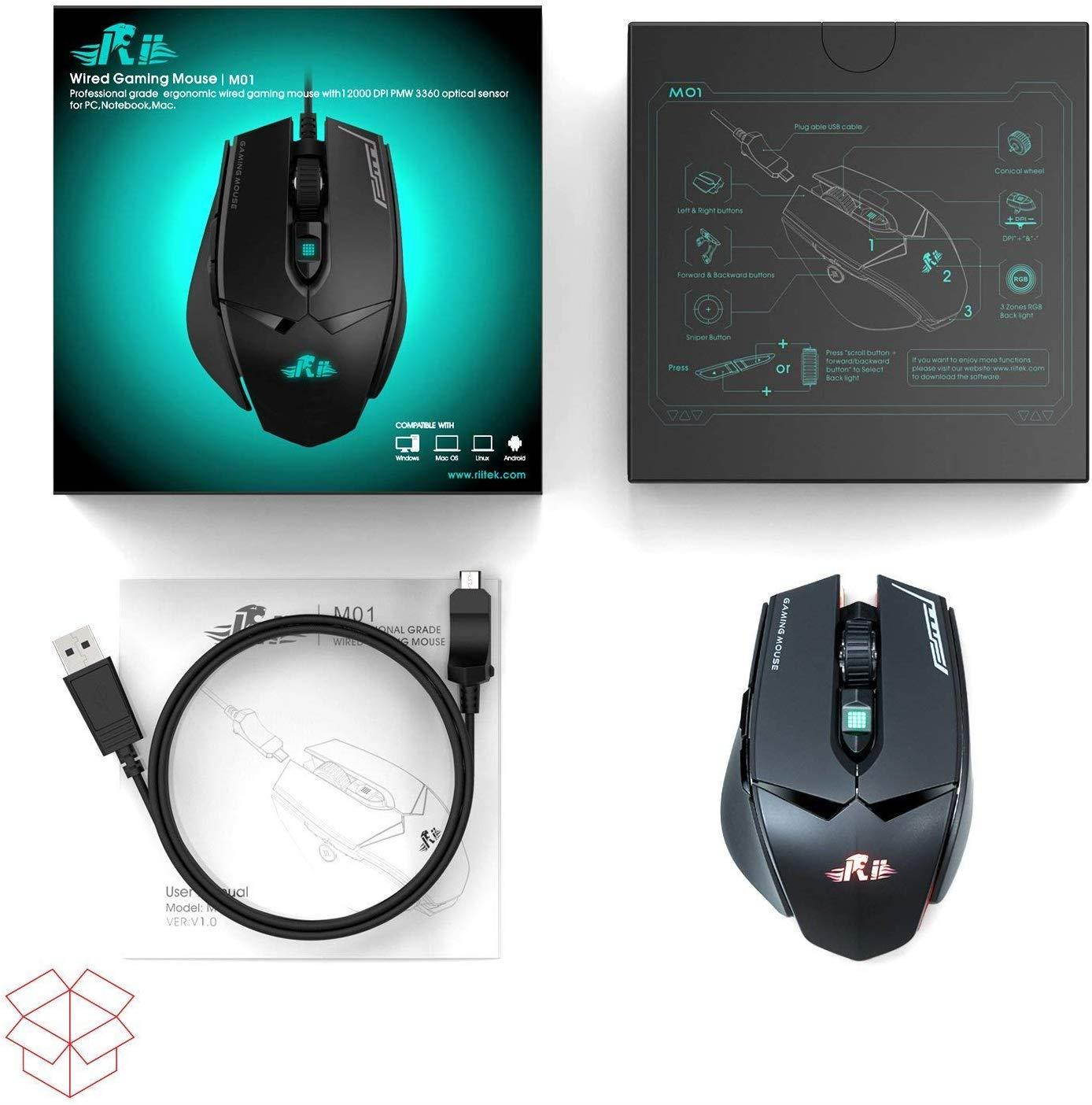 Gaming Mouse,Rii M01 USB Wired MMO Gaming Mouse with red led,7 Programmable Buttons - 12,000 Adjustible DPI,Optical Sensor Pixart PMW3360 for PC,Gamer