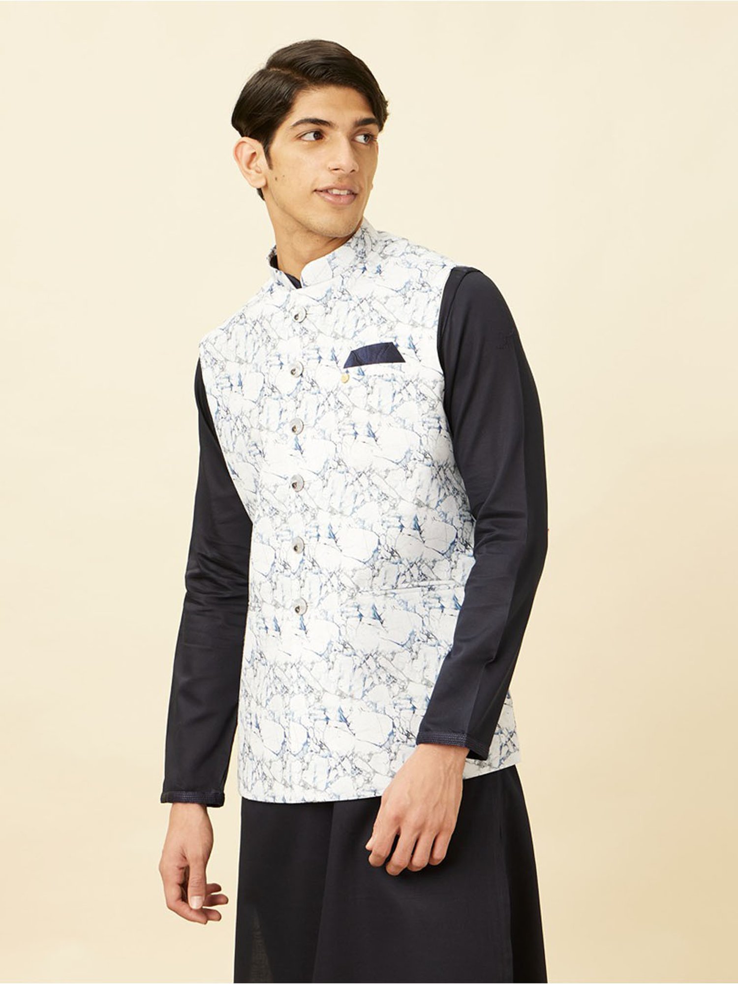 Manyavar White Regular Fit Printed Nehru Jacket