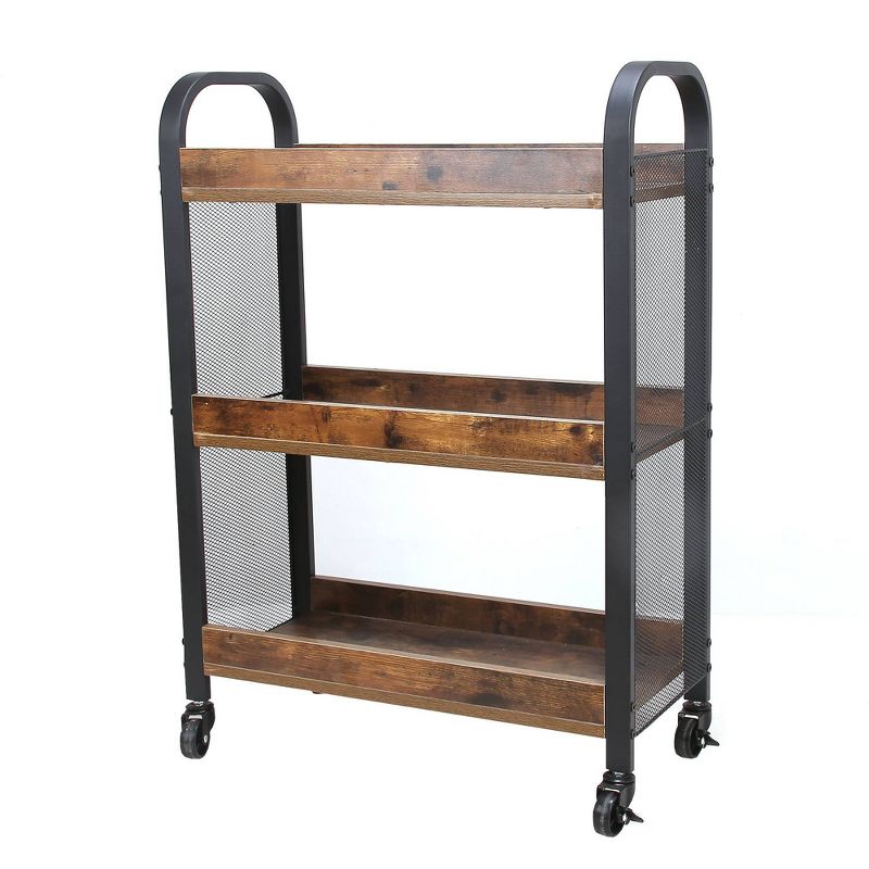 3 Tier Wood and Metal Kitchen Cart with Mesh Side Panel Brown/Black - Benzara