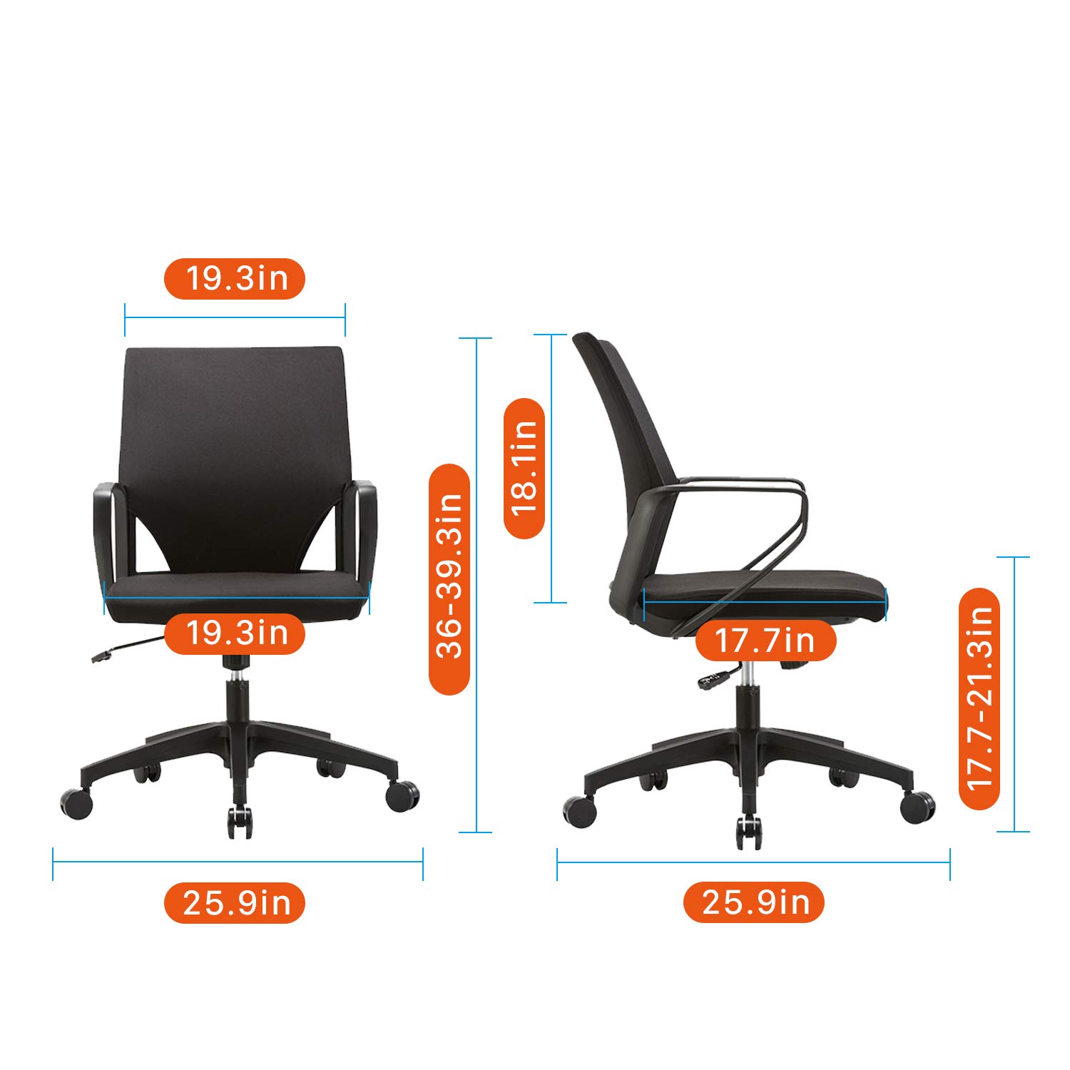 CLATINA Ergonomic Mid-Back Upholstered Swivel Task Chair with Black Plastic Arm Rest and Base for Home and Office