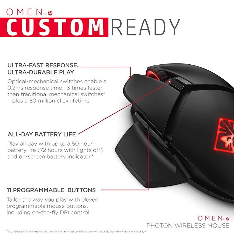 OMEN by  Photon Wireless Gaming Mouse with Qi Wireless Charging Programmable Buttons Custom RGB ESport DPI 6CL96AA