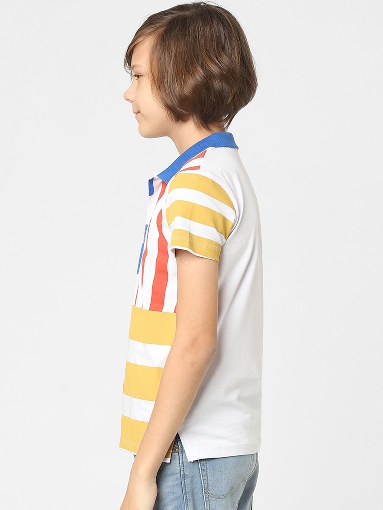 Jack & Jones Junior Boys Orange & Blue Cotton Striped Polo T-Shirt