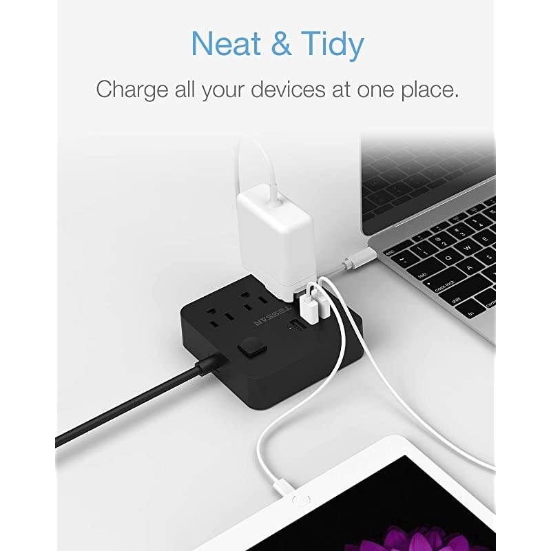 Strip with 3 USB 3 Outlet, Desktop Charging Station 5 ft Flat Plug Extension Cord, Small and Portable for Cruise Ship, Dorm Room, Black