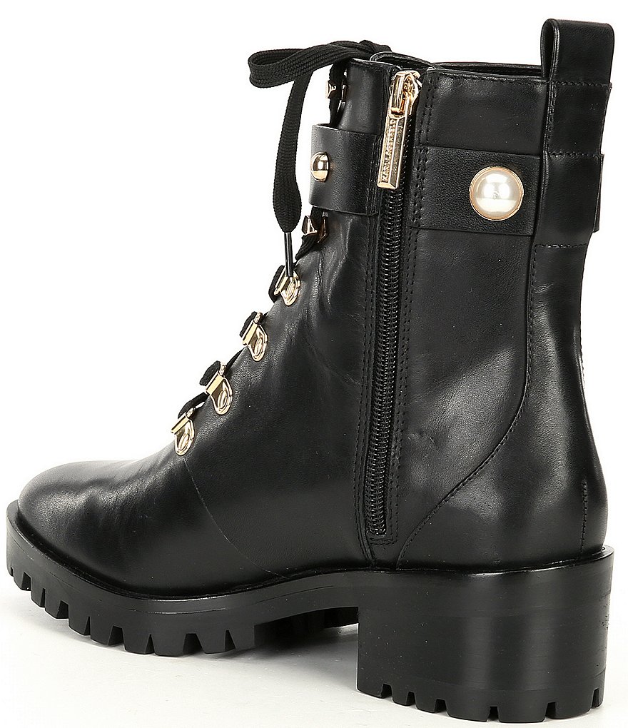 KARL LAGERFELD PARIS Perry Leather Pearl Ornaments Lug Sole Combat Booties