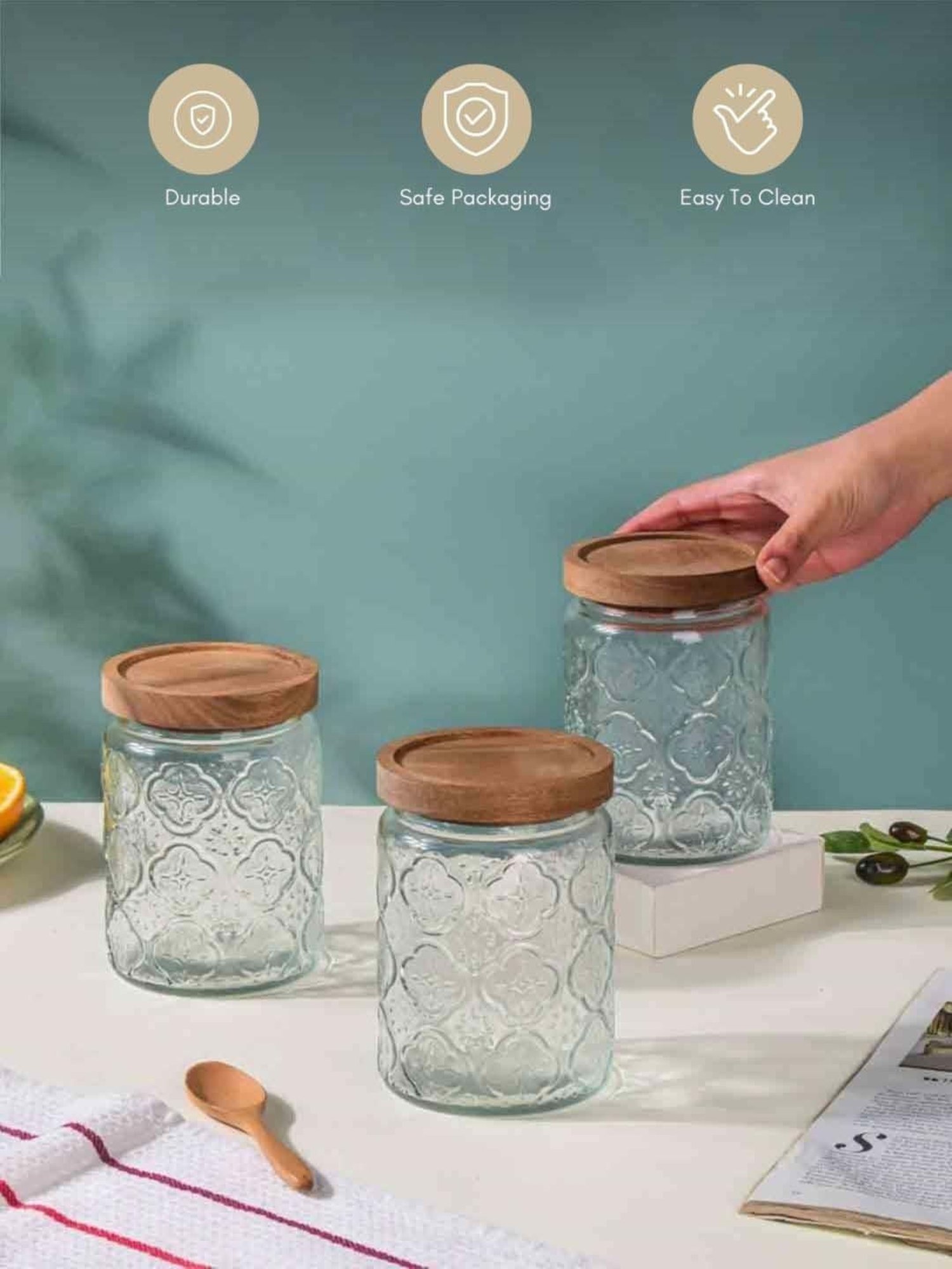 Nestasia Premium Quality Vintage Patterned Transparent Glass Jar With Wooden Airtight Lid(Set Of 3)