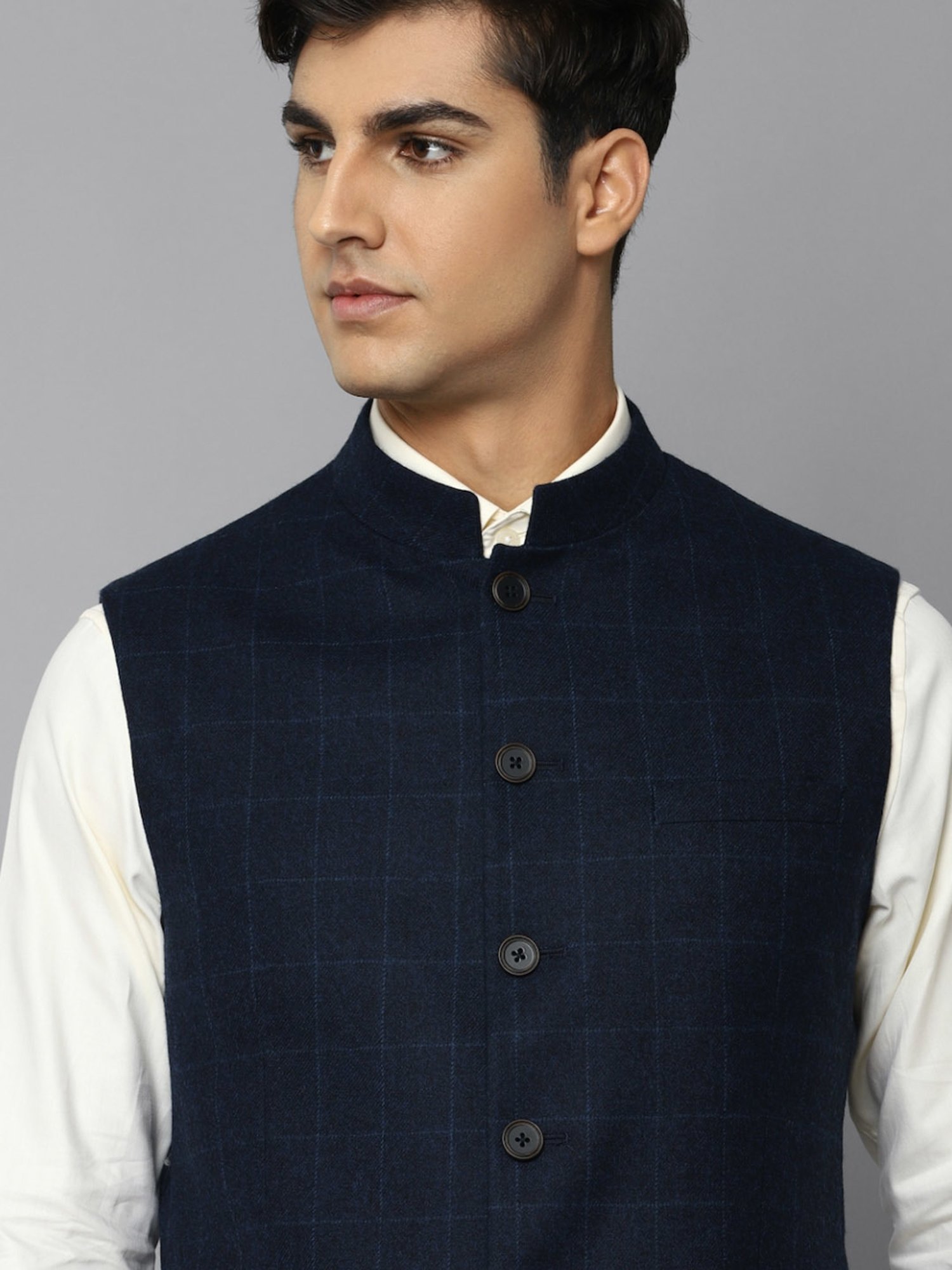 Louis Philippe Navy Slim Fit Checks Nehru Jacket