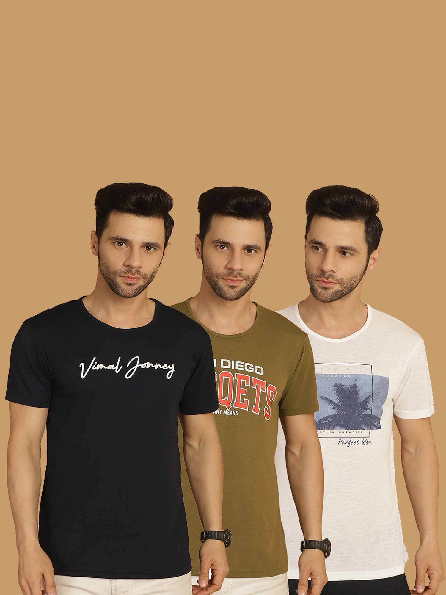 Vimal Jonney Multicolor Regular Fit Printed Crew T-Shirt - Pack of 3