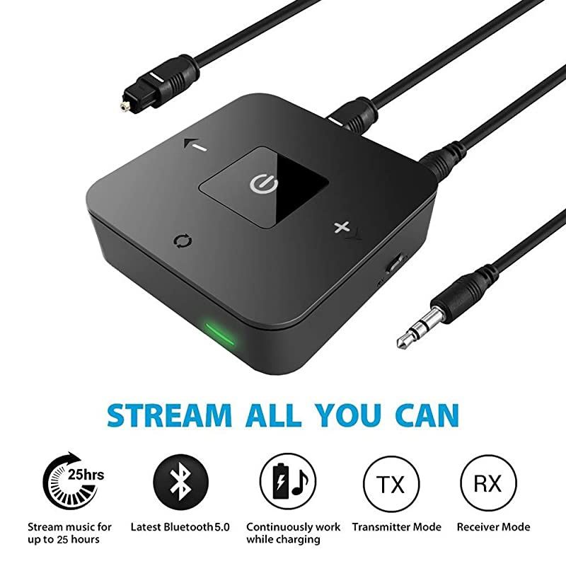 Bluetooth V50 Transmitter and Receiver Wireless Optical TOSLINK and 35mm Aux Adapter aptX Low Latency for TV Car Stereo Home Audio with SongVolume Control Supports 25 Hours Playing