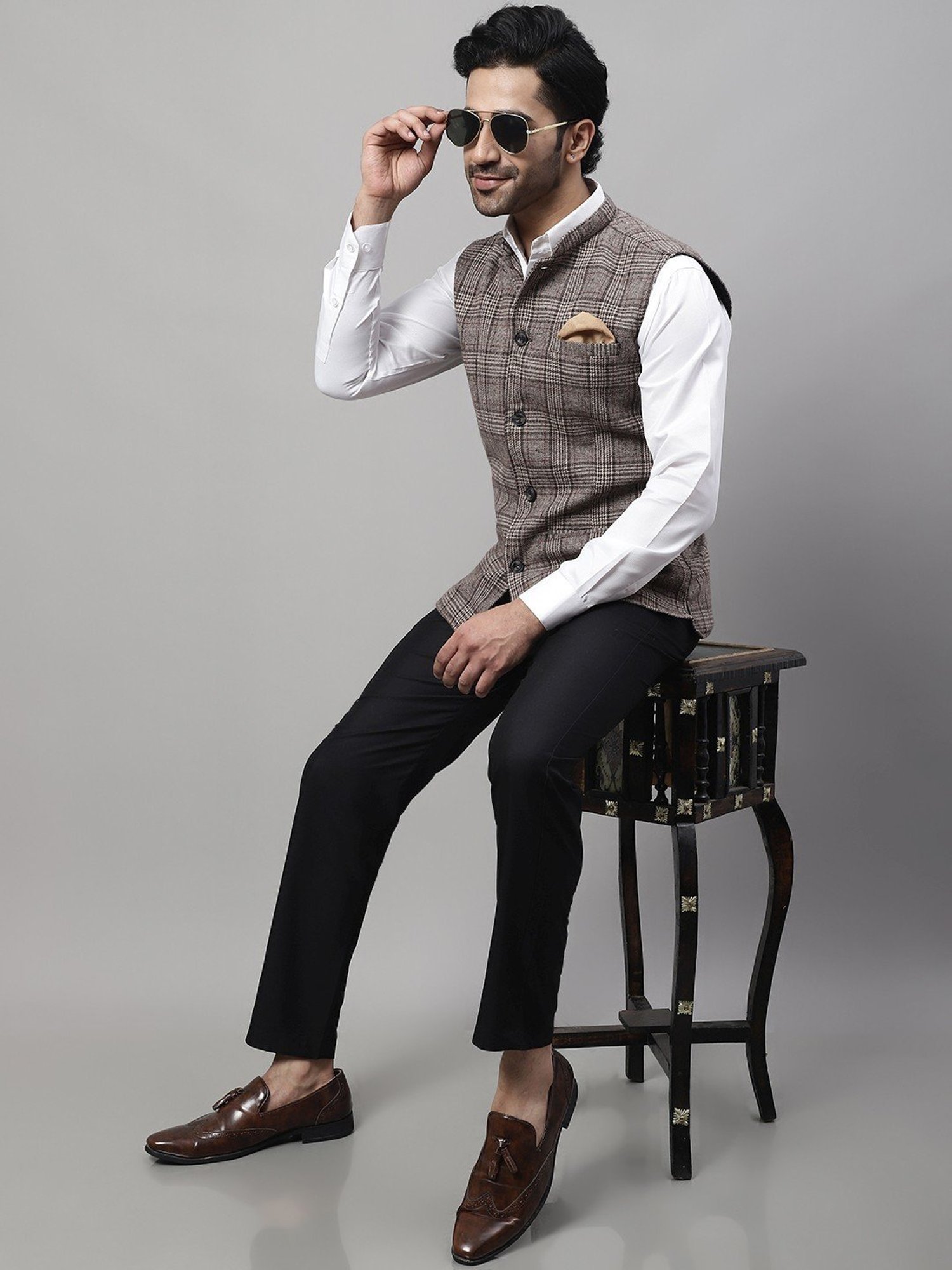 Even Beige Regular Fit Checks Nehru Jacket