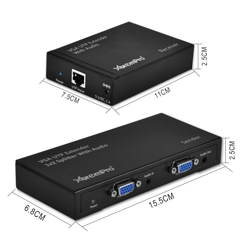 XtremPro 1920X1200 VGA UTP Extender Up tp 980ft (300M) 1X2 Splitter with Audio(TX+RX UL)