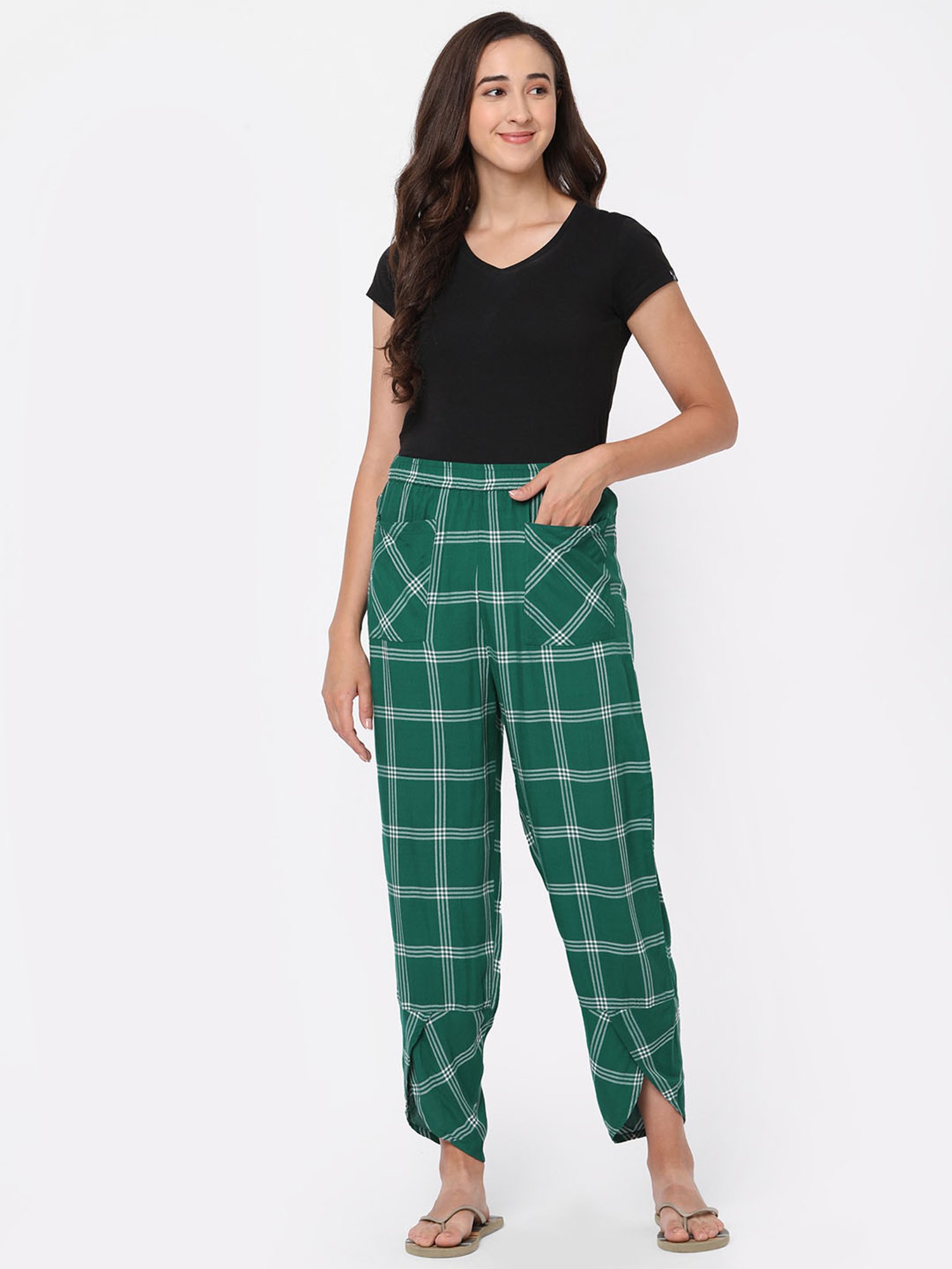 Mystere Paris Green & White Checks Lounge Pants