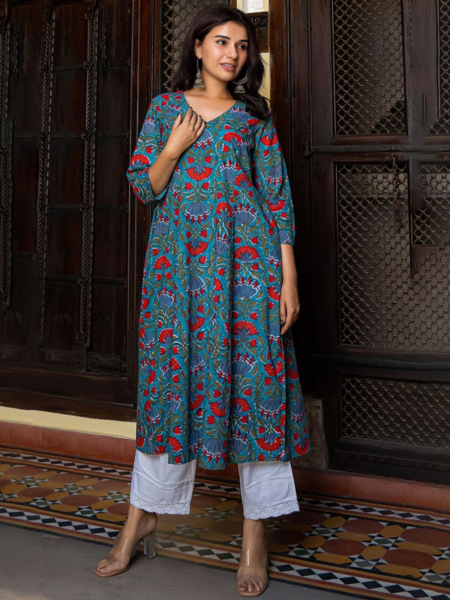 Eeshva India Green Hand Blocked Kali Kurta In Cotton