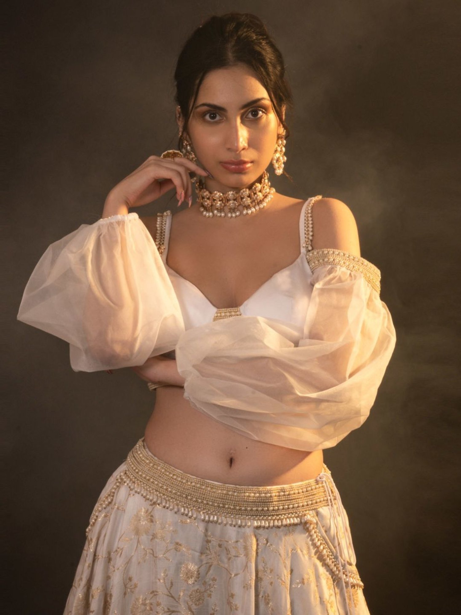 Monk and Mei Soul of Swan White and Gold Diana Brocade Lehenga Set