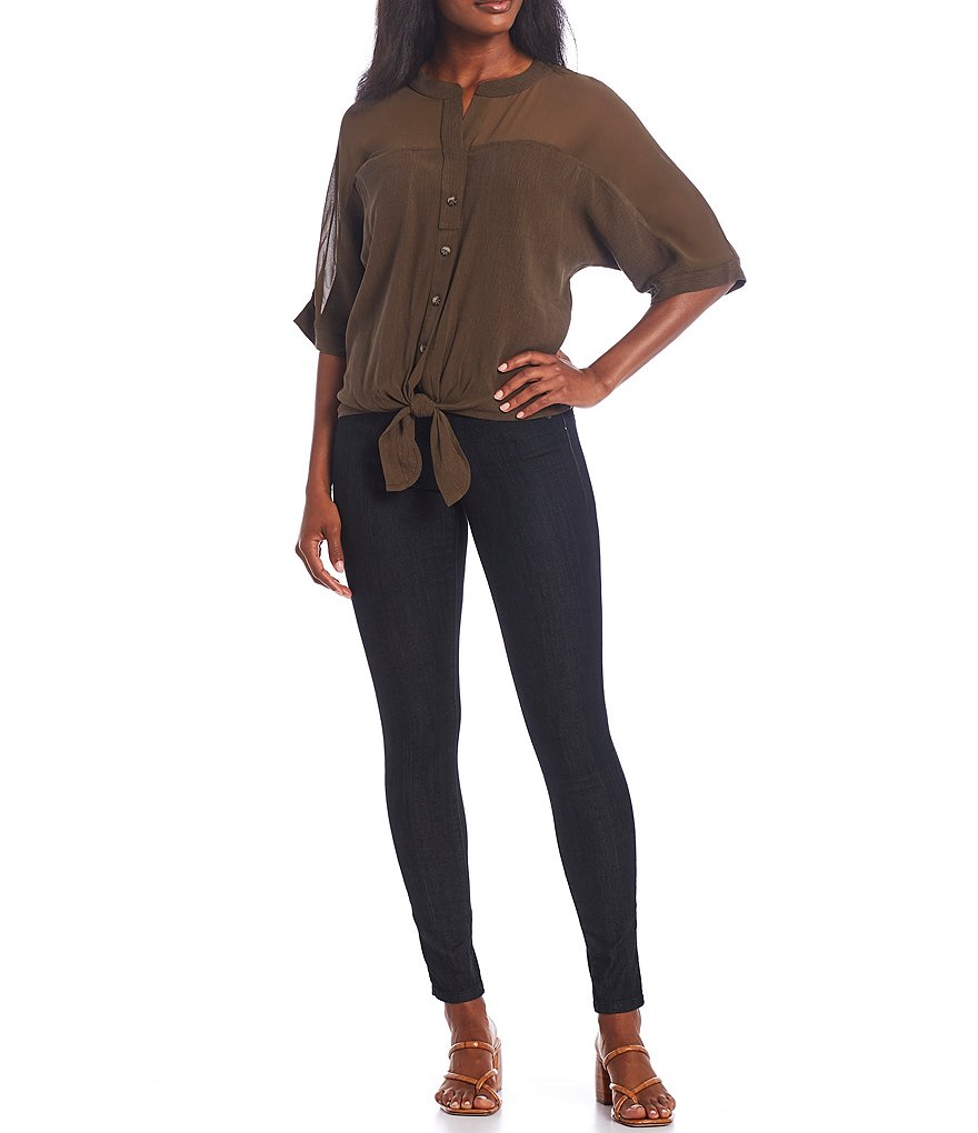 Democracy Band Collar Button Down 3/4 Sleeve Tie-Front Mixed Media Top