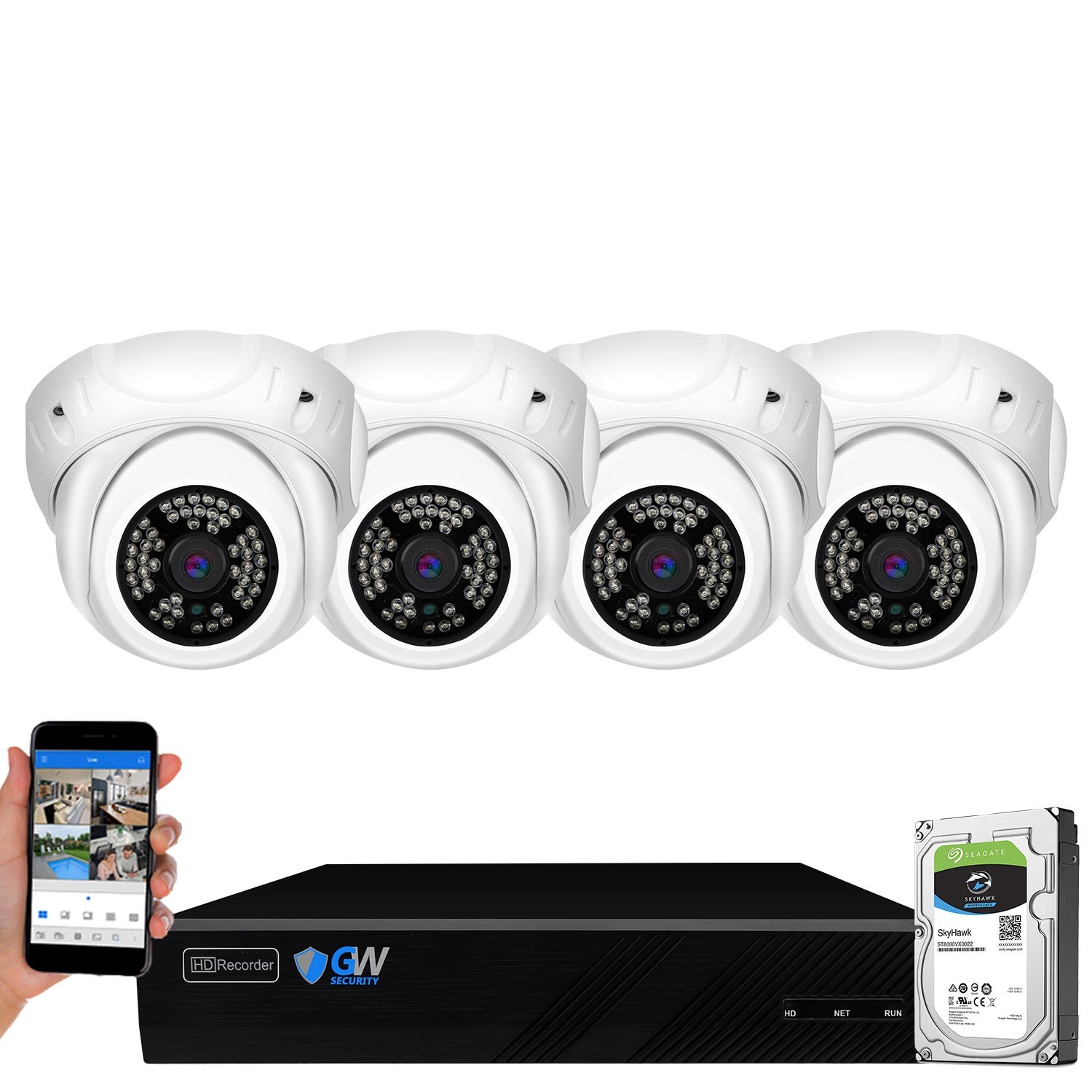 GW Security 8 Channel 5MP H.265 NVR IP Camera Network PoE Video & Audio Surveillance System (1TB HDD), 4 x HD 1920P Weatherproof Microphone Turret Security Cameras, AI Human Detection