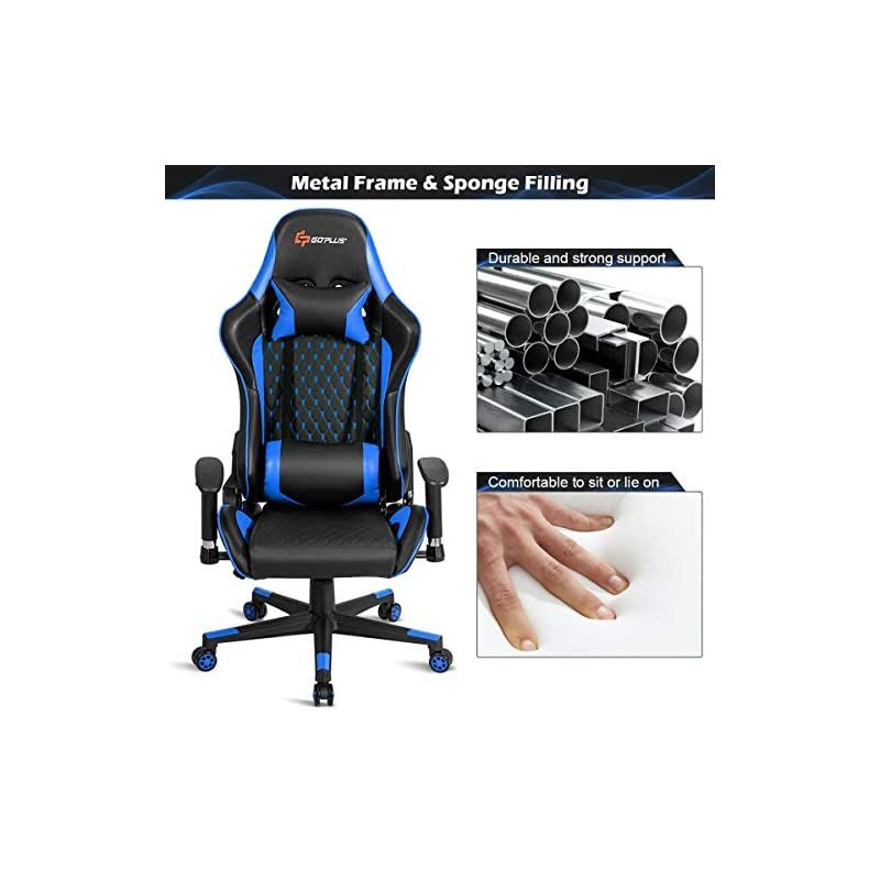 Massage Gaming Chair, Reclining Backrest Handrails and Seat Height Adjustment Racing Computer Office Chair, Ergonomic High Back Embroidered PU Swivel Game Chair with Headrest and Lumbar Cushion