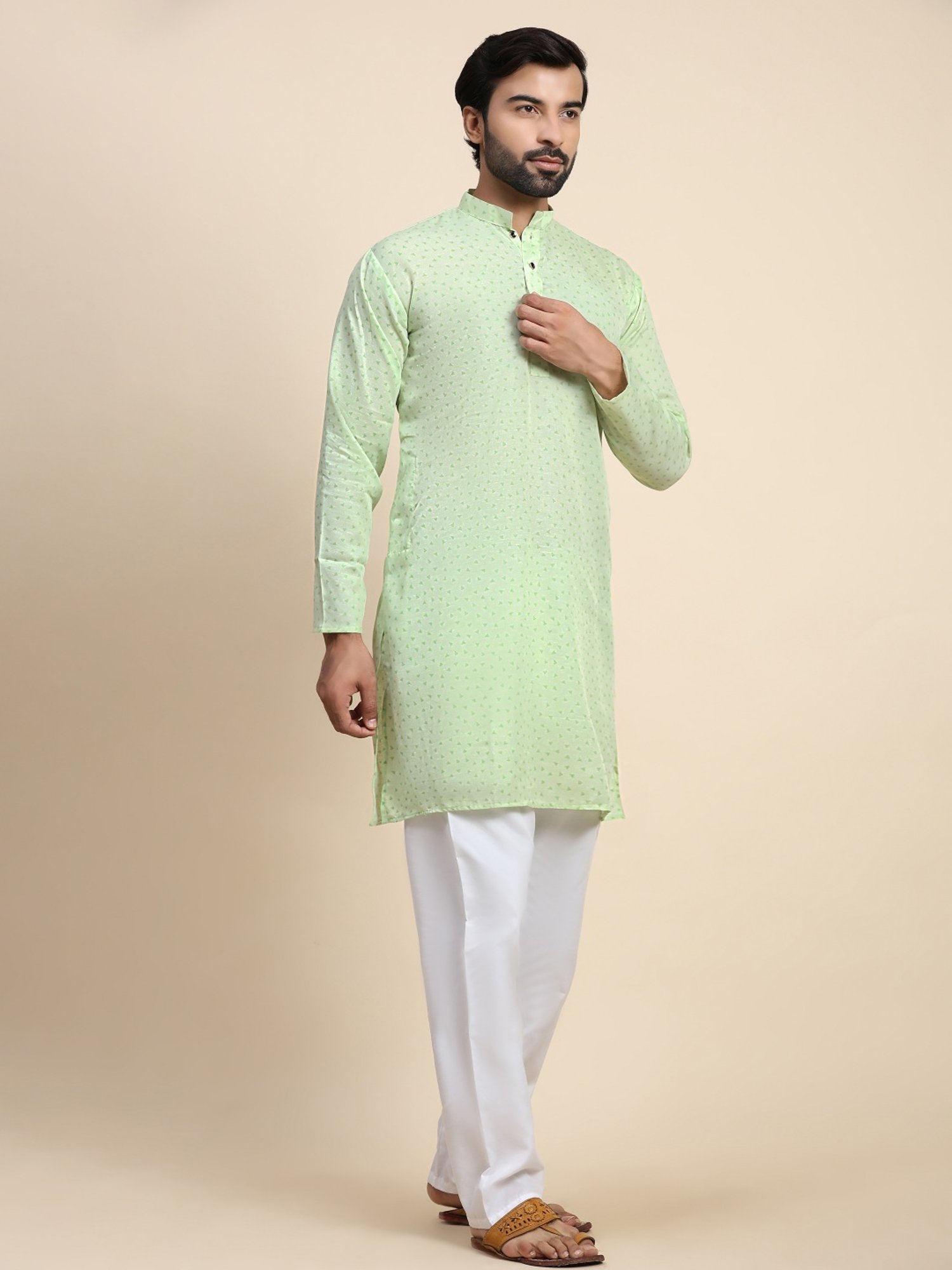 Pro-Ethic Style Developer Green & White Cotton Regular Fit Printed Kurta Bottom Set