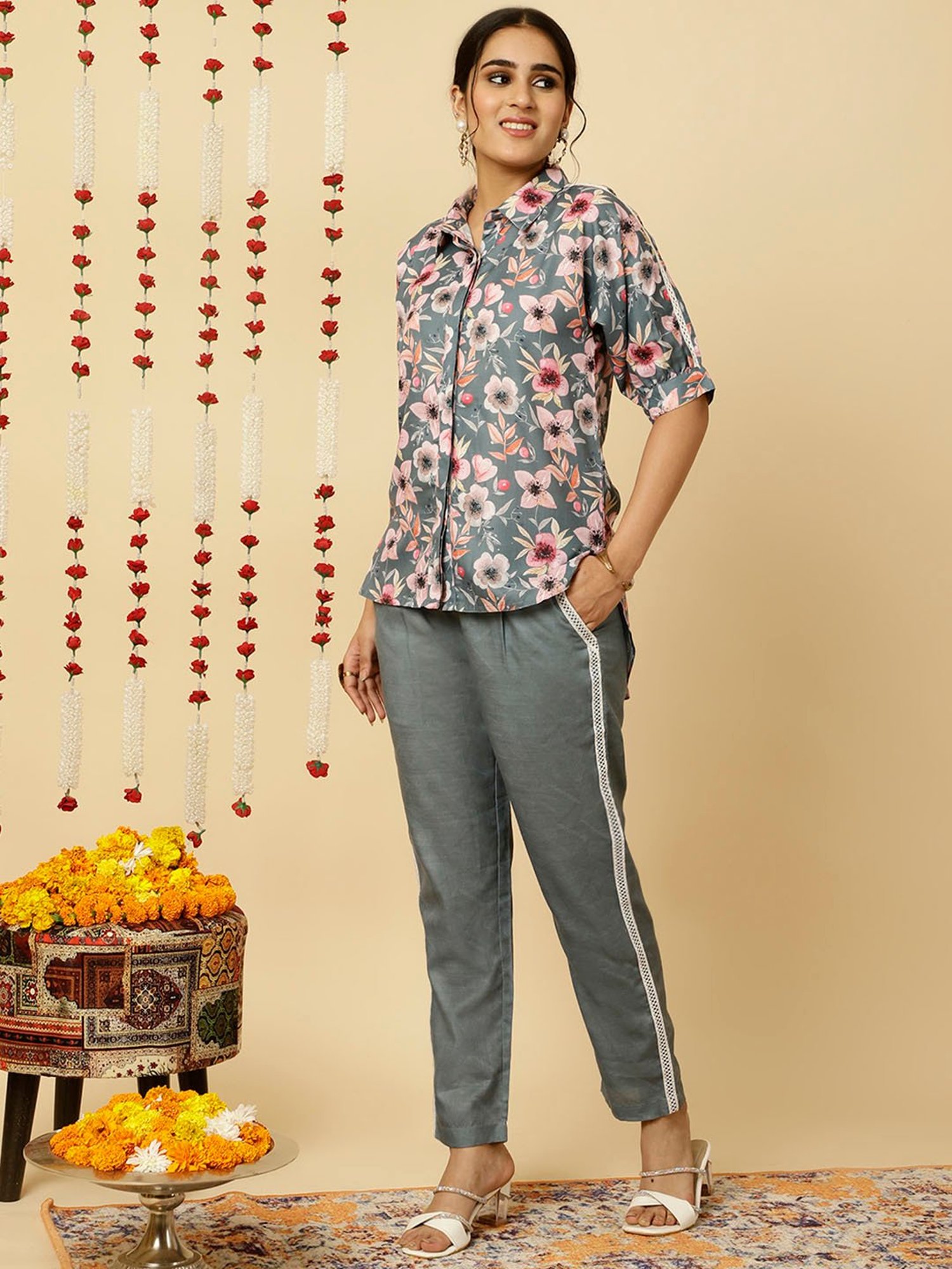 Jaipur Kurti Grey Floral Print Shirt & Pant Set