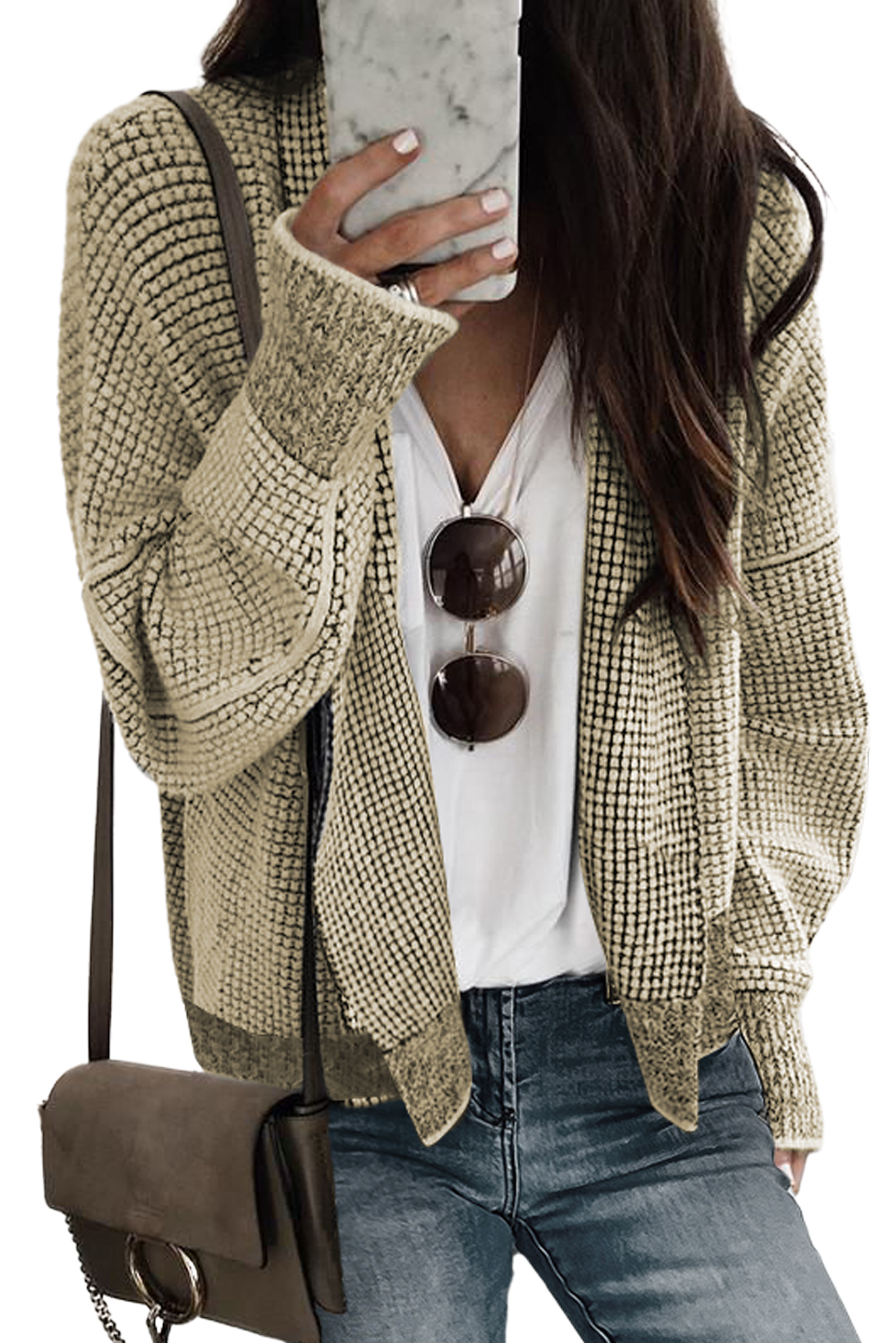 Apricot Gingham Contrast Trim Open Front Cardigan