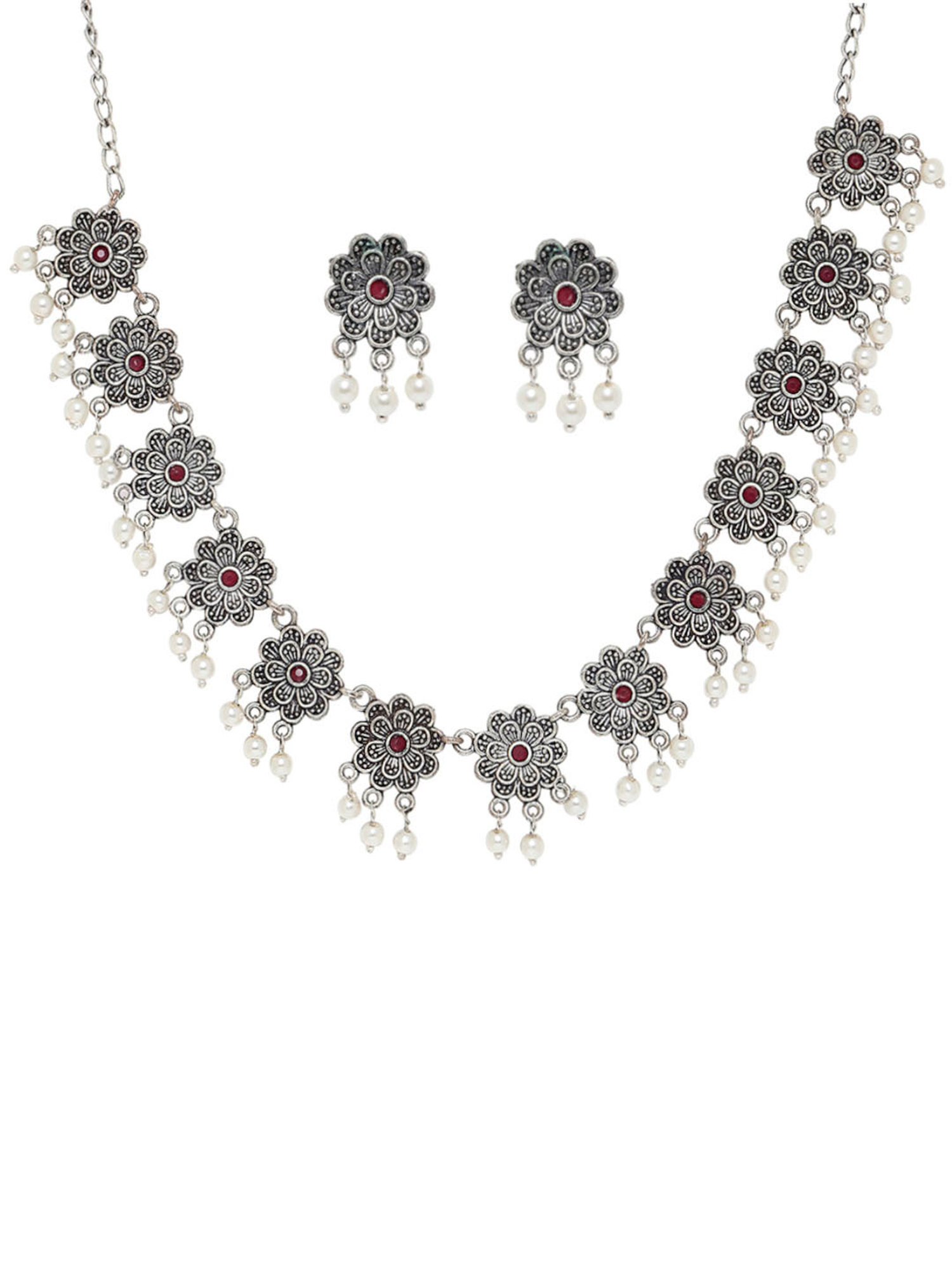 OOMPH Oxidized Silver Look Alike Maroon Stone Pearls Choker Necklace Set with Earrings