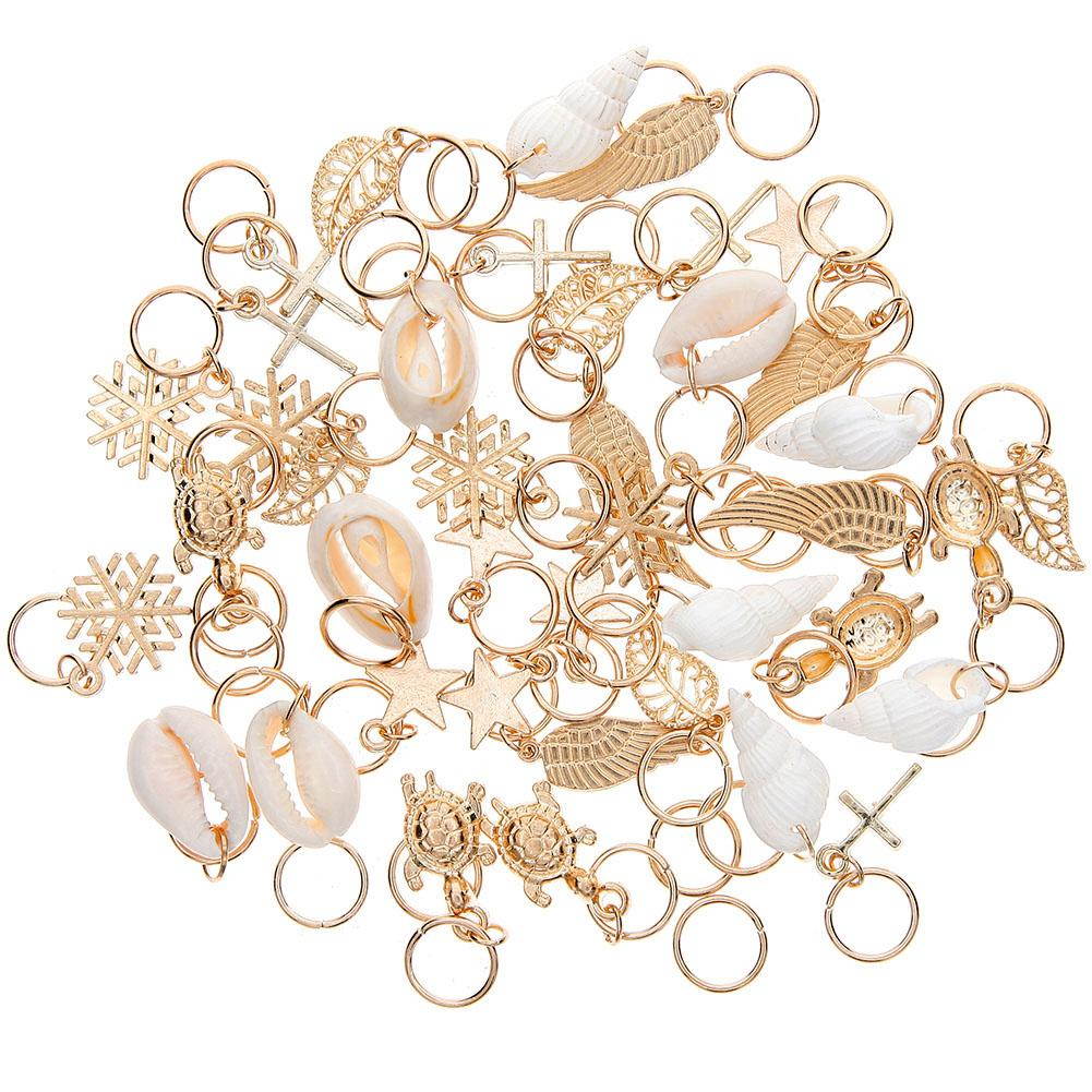 50 Pcs Gold Shell Hands Leaves Star Conch Snowflake Pendant Charms Rings Set Hair Clip Headband Accessories for Pierced Braid