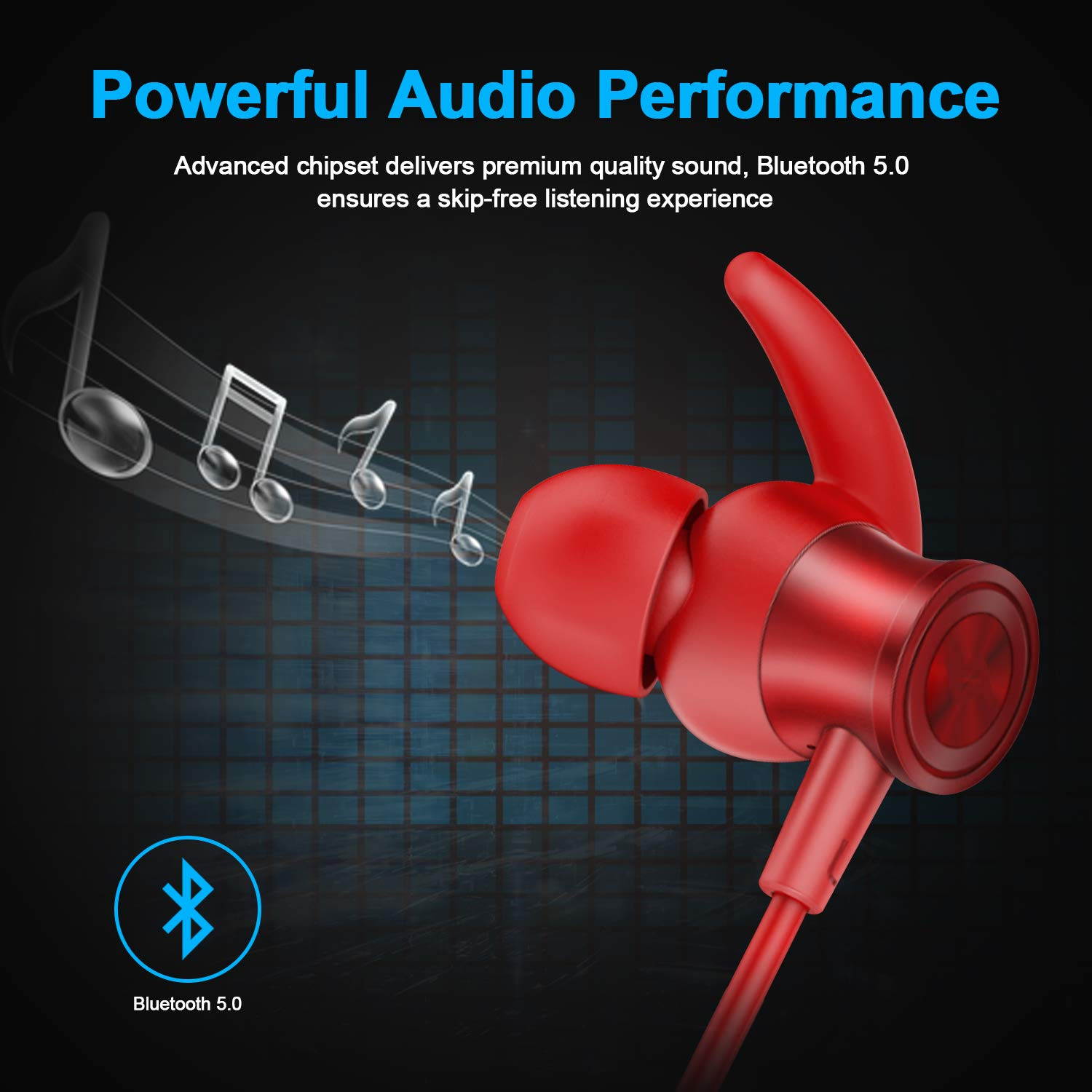 Bluetooth Headphones, Lightweight Wireless Earbuds with Magnetic Connection, IPX5 Water Resistant Bluetooth 5.0 Sports Earphones for Running, Built-in Mic, 8 Hrs Work Time Built-in magnets