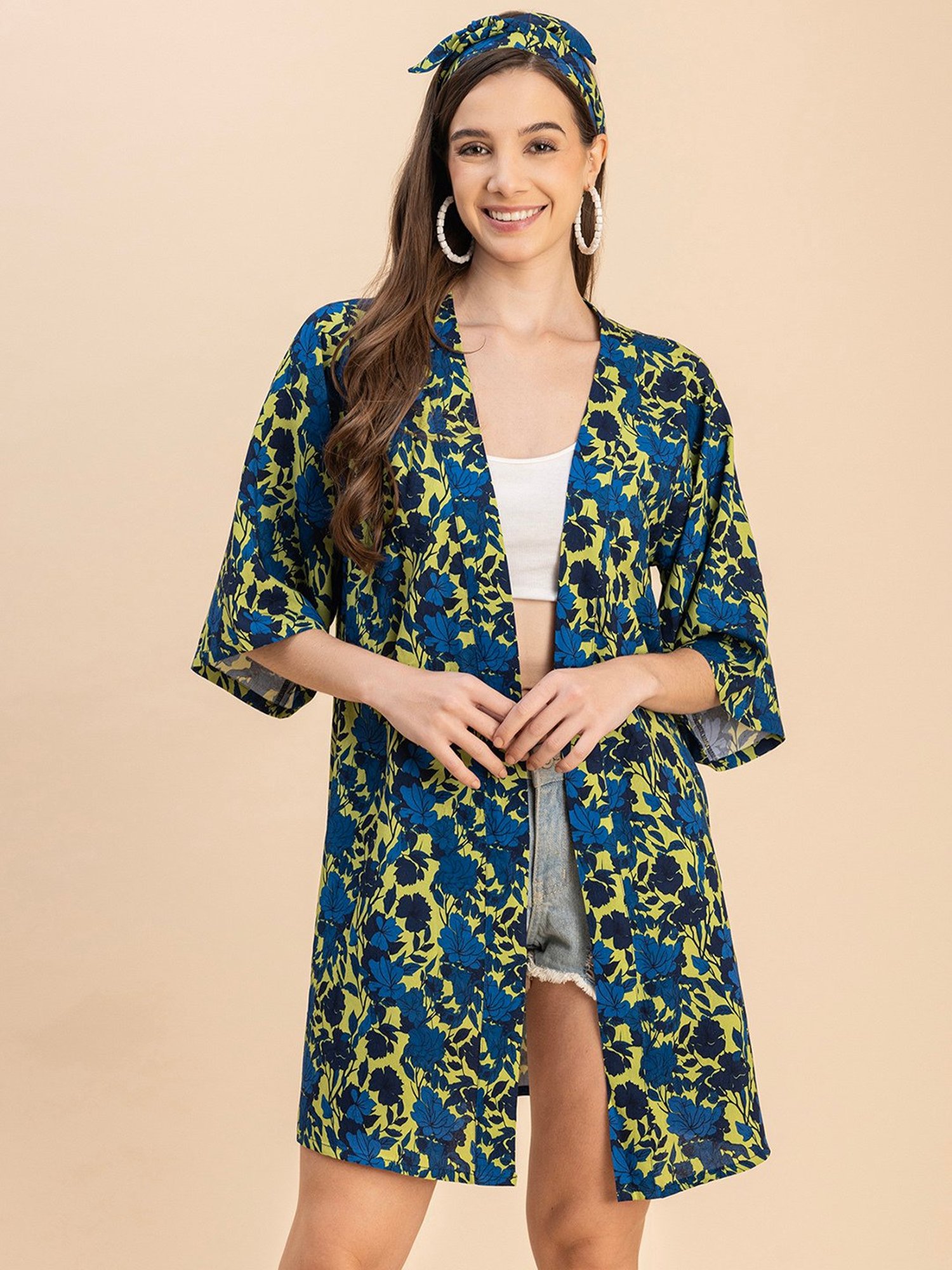 Moomaya Blue & Green Floral Print Shrug