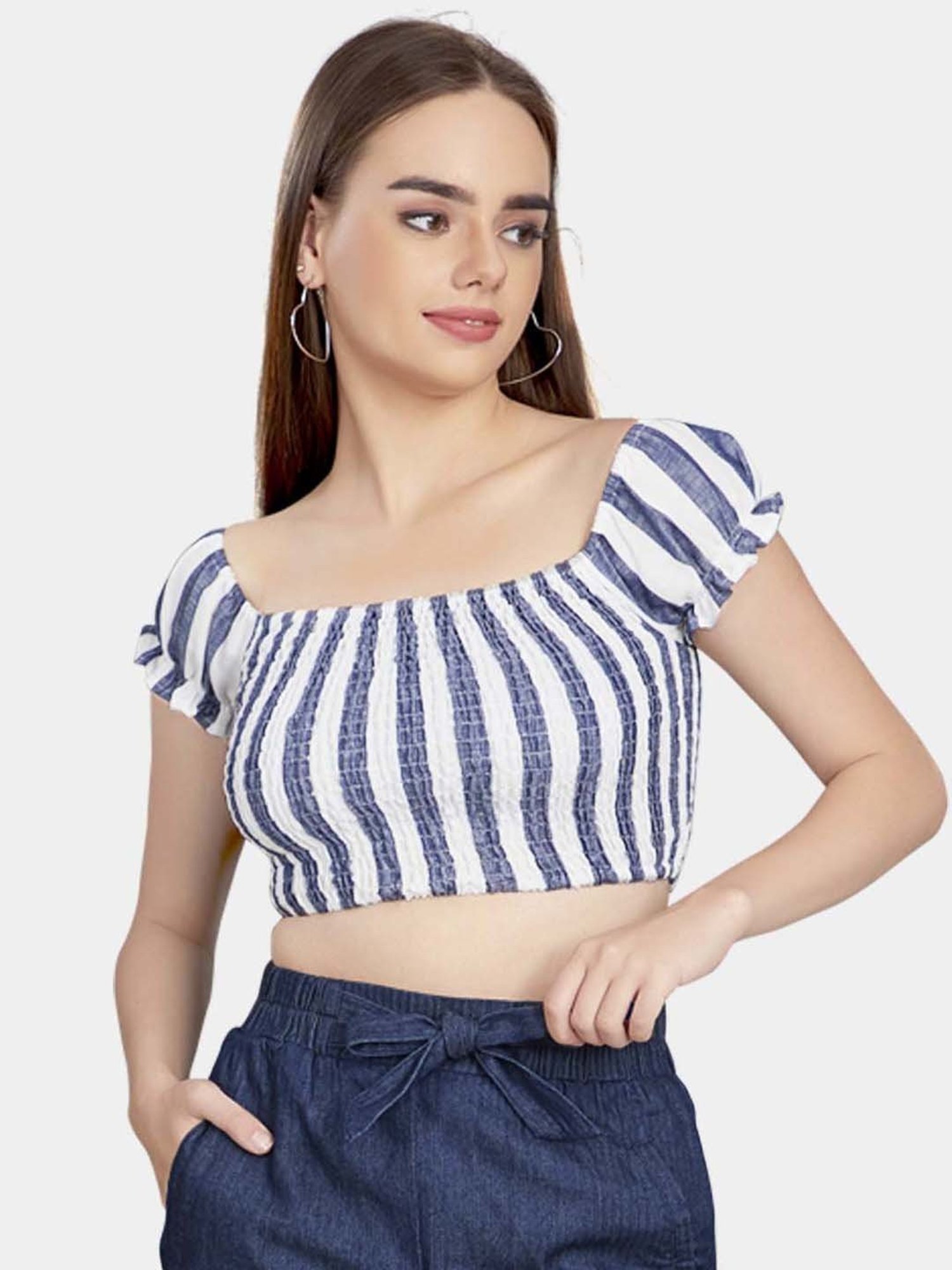 VASTRADO Blue & White Cotton Striped Crop Top