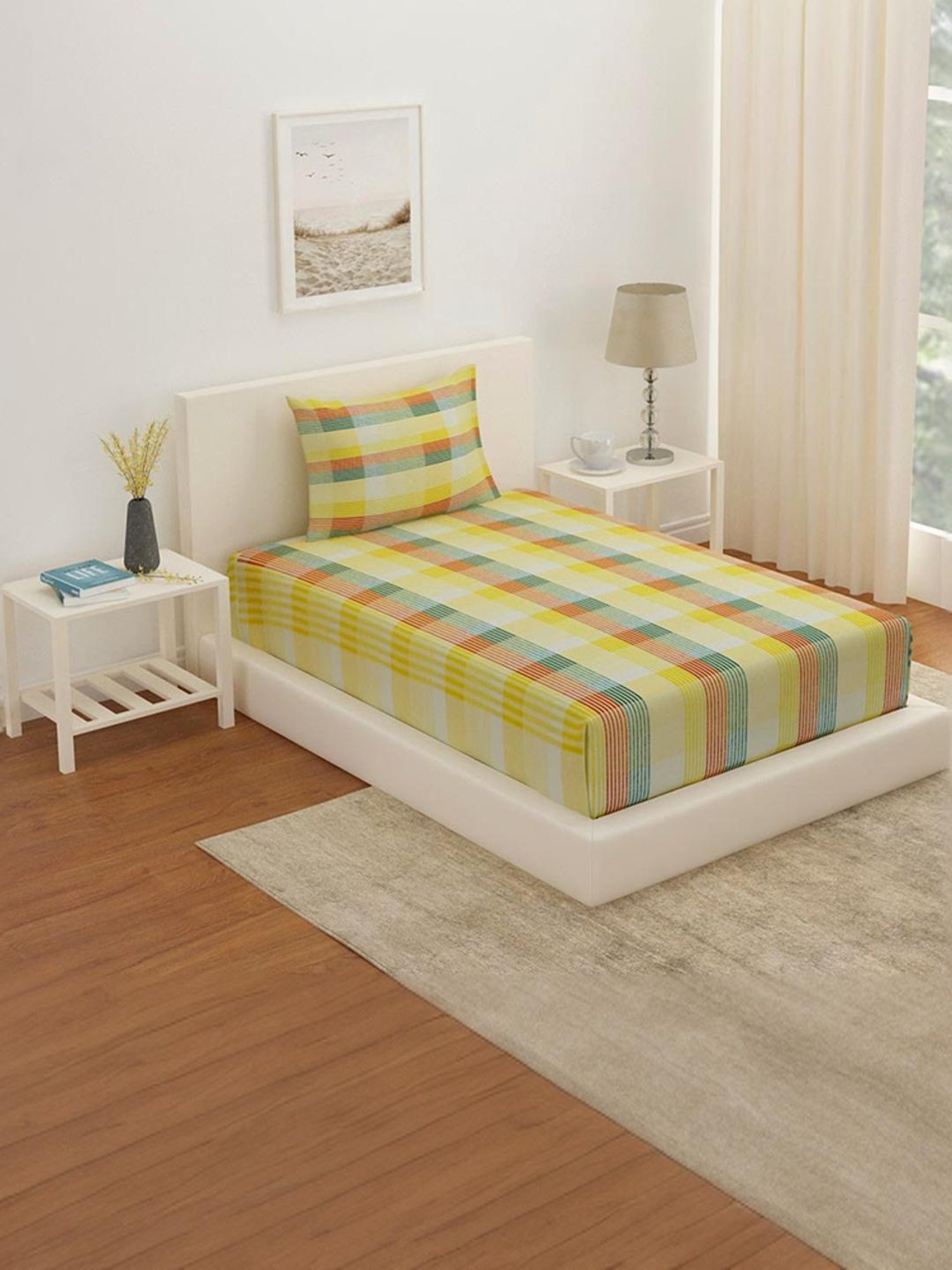 @Home Arias Multicolor 225 TC Cotton Satin Single Bedsheet with 1 Pillow Cover