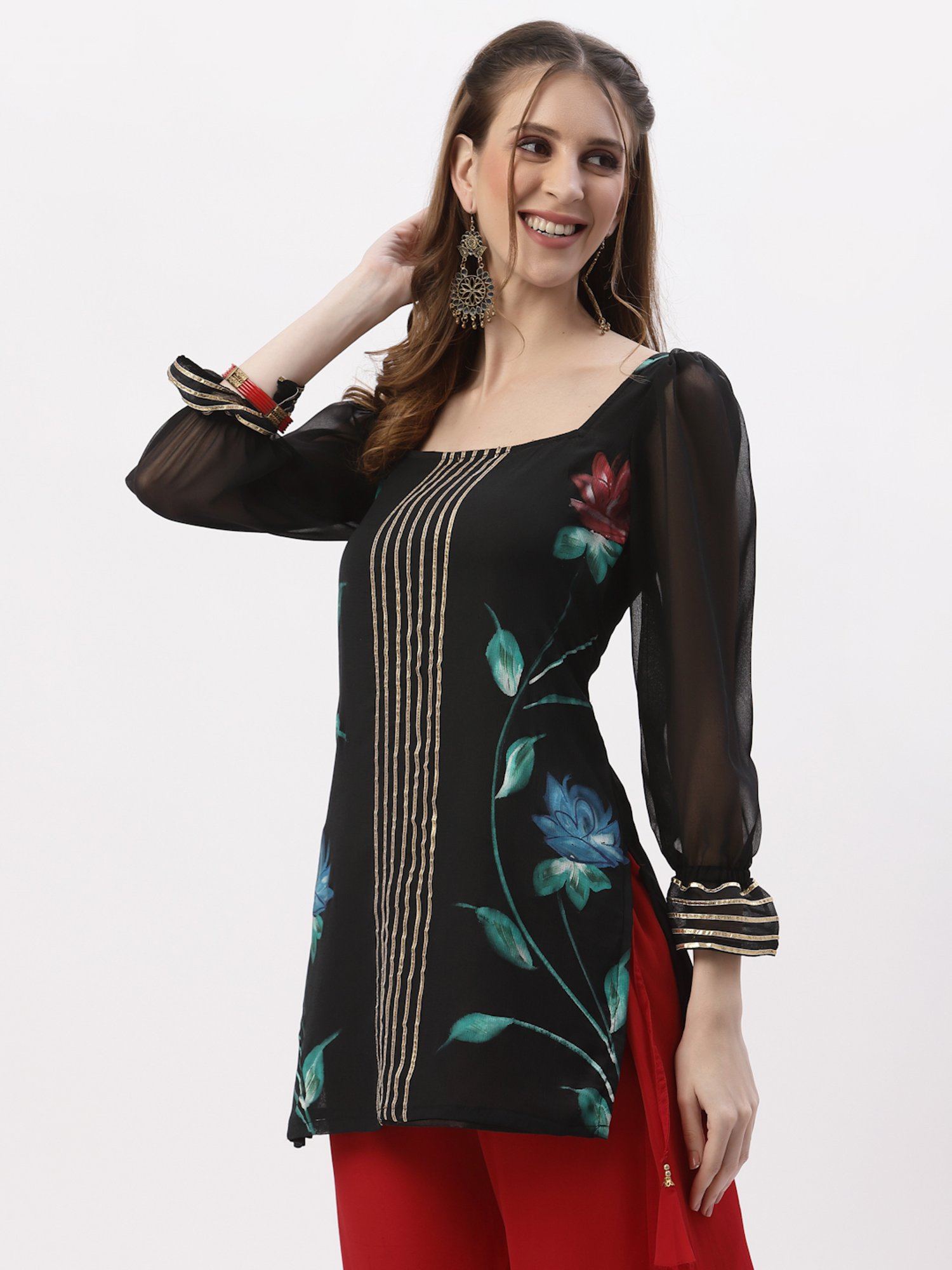 studiorasa Black Floral Print Straight Kurti