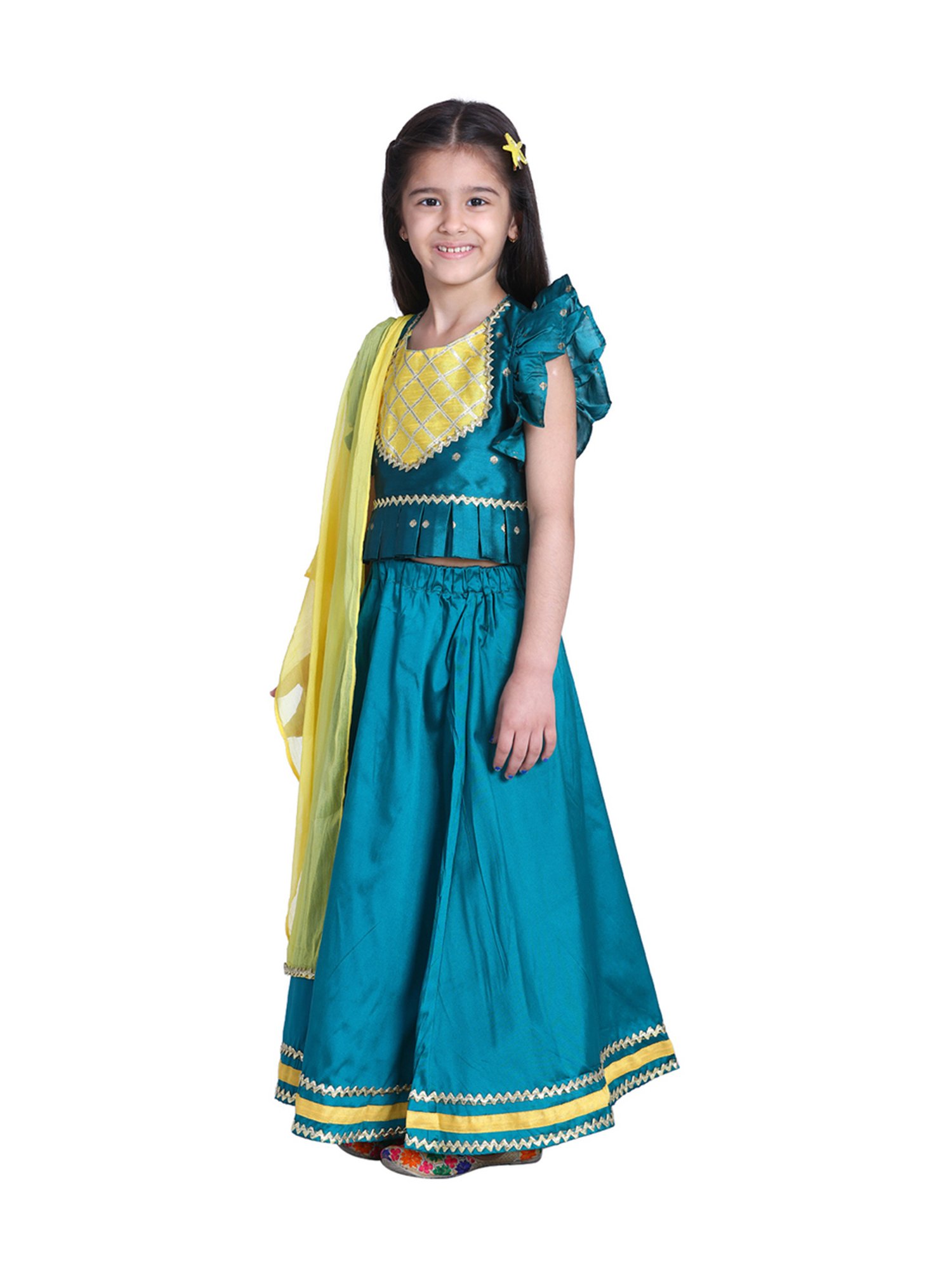 BownBee Kids Green Zari Work Lehenga Choli With Dupatta