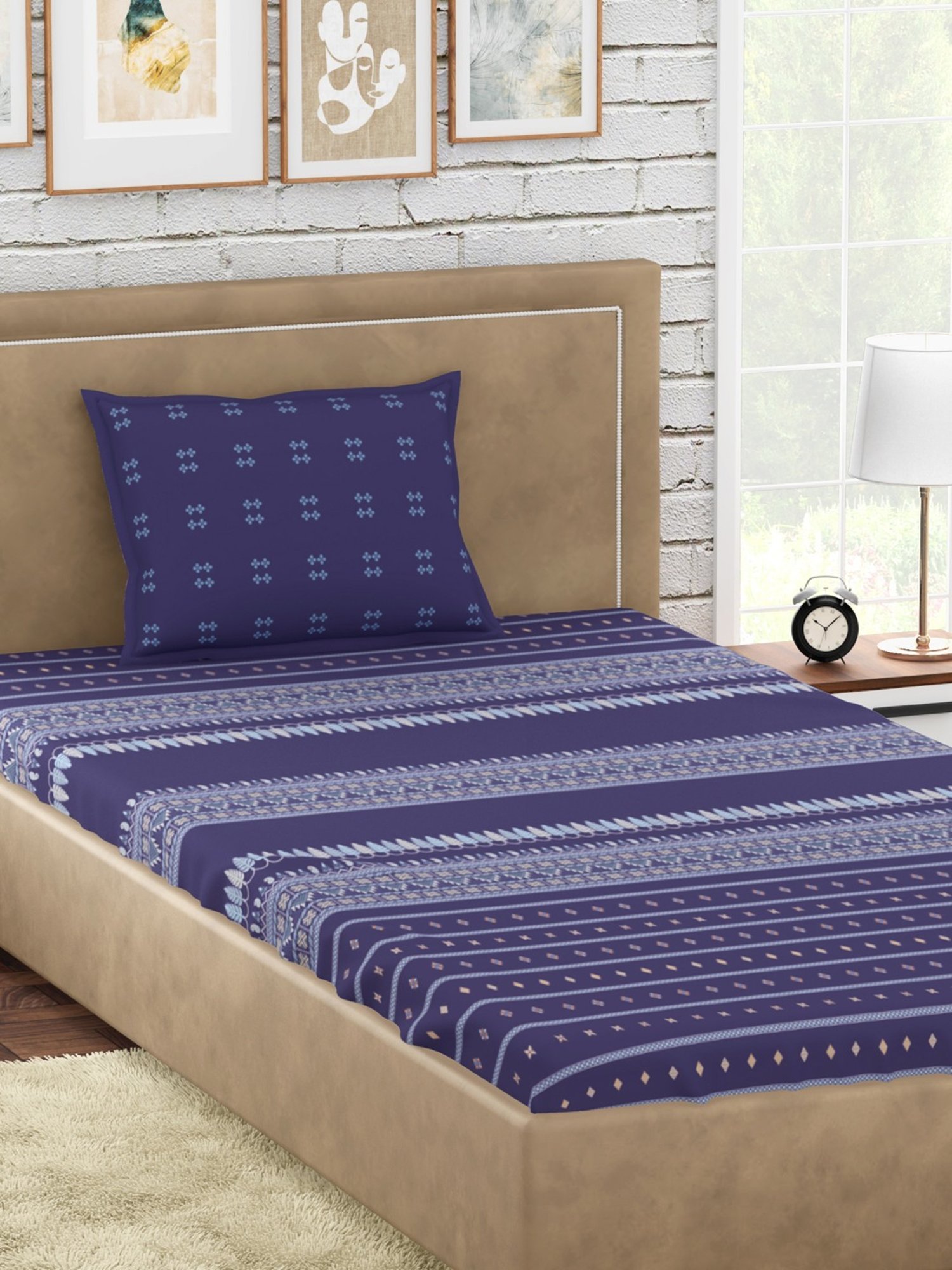 Petal Home Hooghly Motif Navy 300 TC Cotton Single Bed Sheet with 1 Pillow Cover