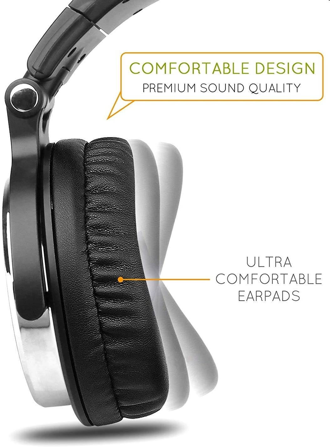 Over Ear Headphone Wired Bass Headsets with 50mm Driver Foldable Lightweight Headphones with Shareport and Mic for Recording Monitoring Podcast Guitar PC TV - (Red)