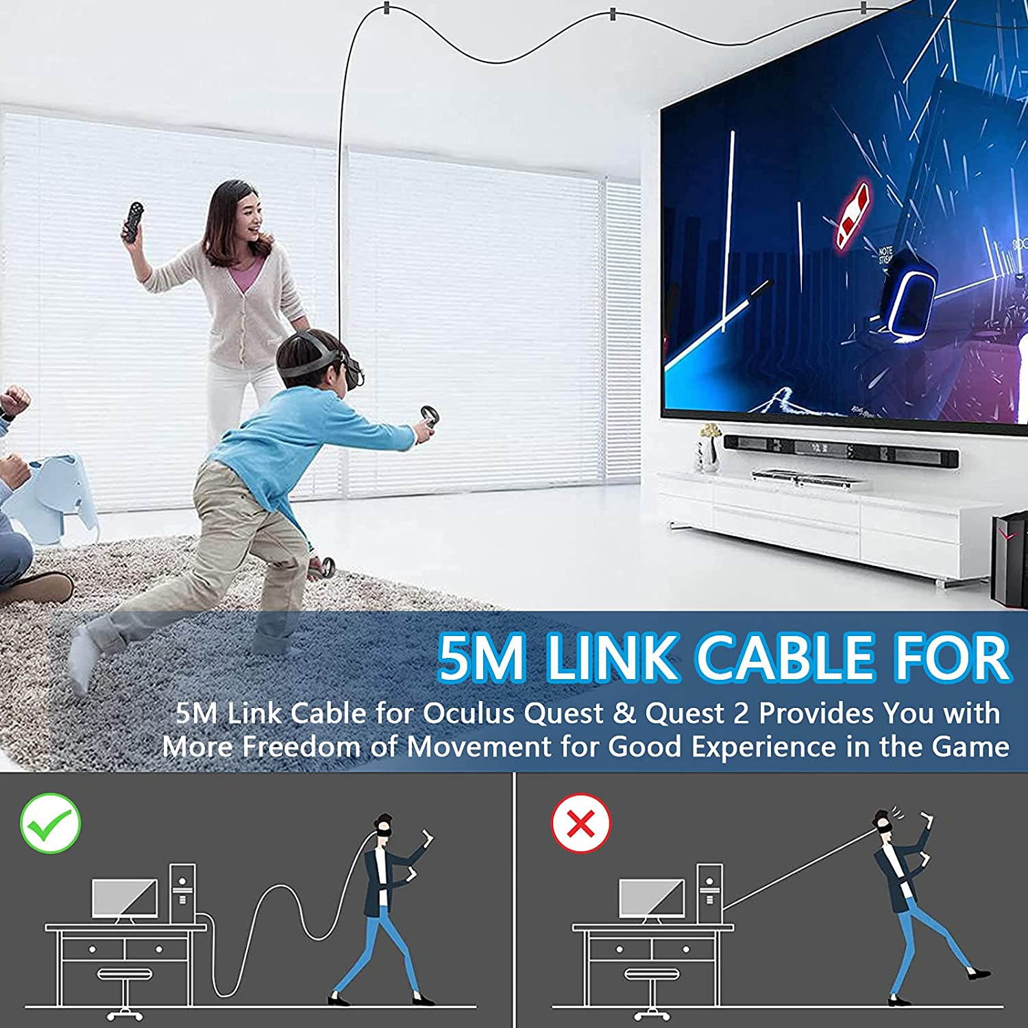 for Oculus Quest Link Cable 16ft, Fiber-Optic USB 3.2 Gen1 5Gbps USB 3.0 to USB C High Speed Data Transfer & 3A Fast Charger Cord Nylon Braided Compatible for Quest 2 and Quest VR Headset to Gaming PC