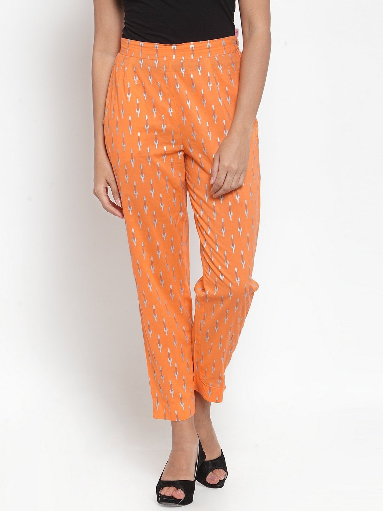Indibelle Orange Cotton Printed Trousers