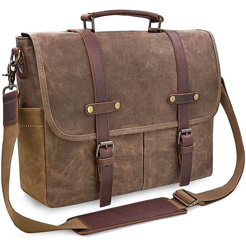 Messenger Bag 15.6 Inch Waterproof Vintage Genuine Leather Waxed Canvas Briefcase Large Satchel Shoulder Bag Rugged Leather Computer Laptop Bag, Brown