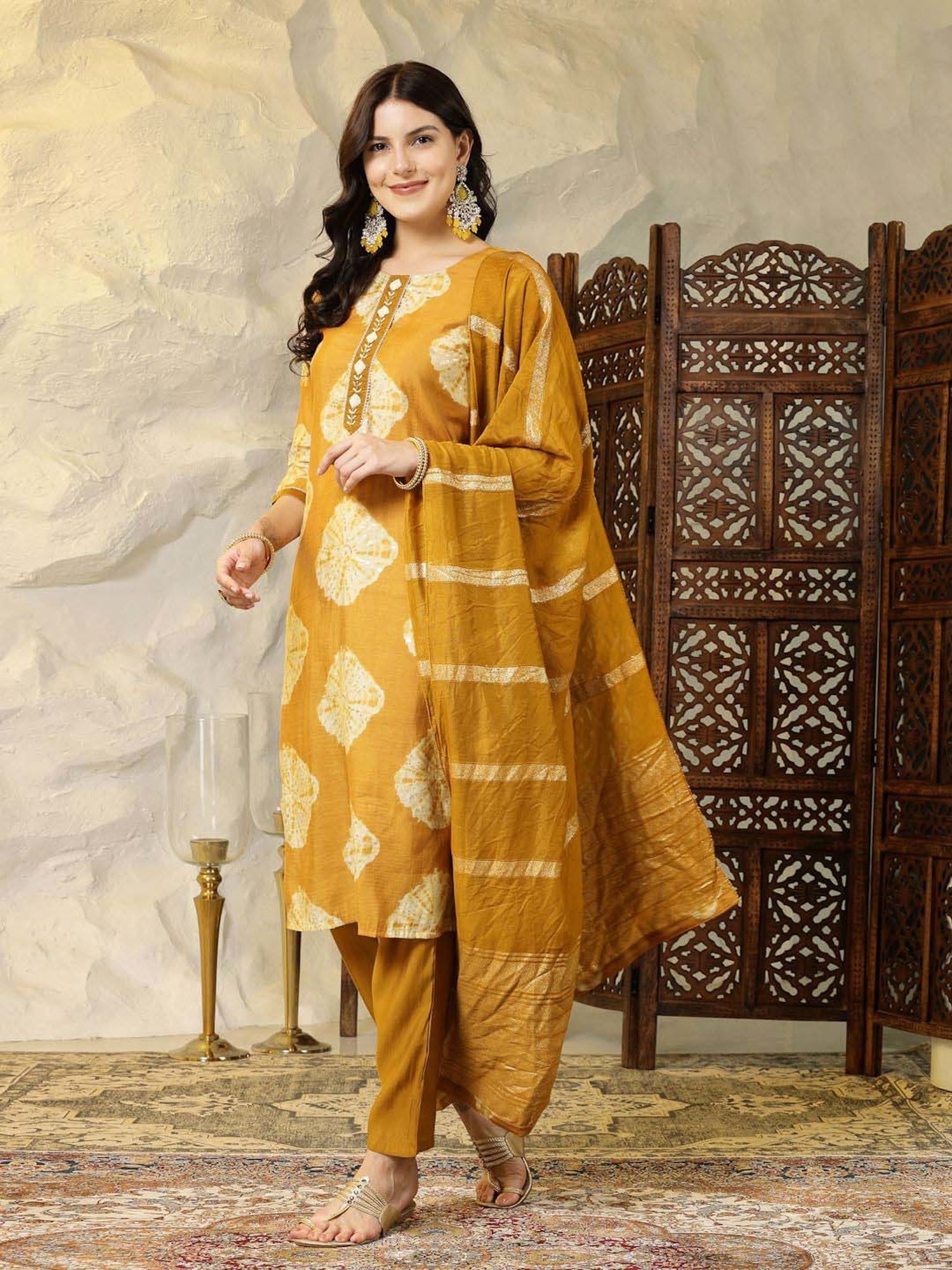 Stylum Mustard Printed Kurta Pant Set With Dupatta