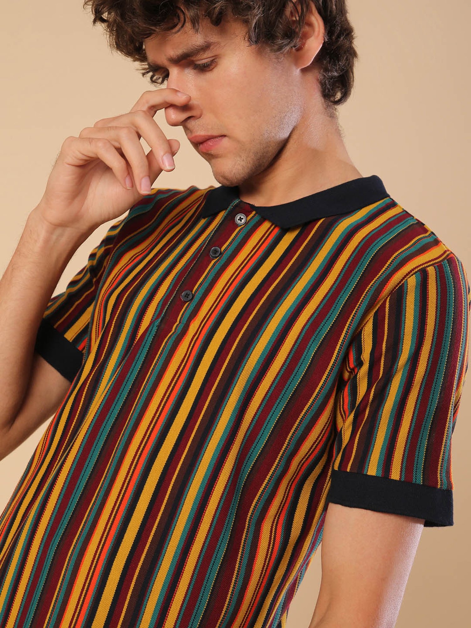 Campus Sutra Brown Striped Polo T-Shirt